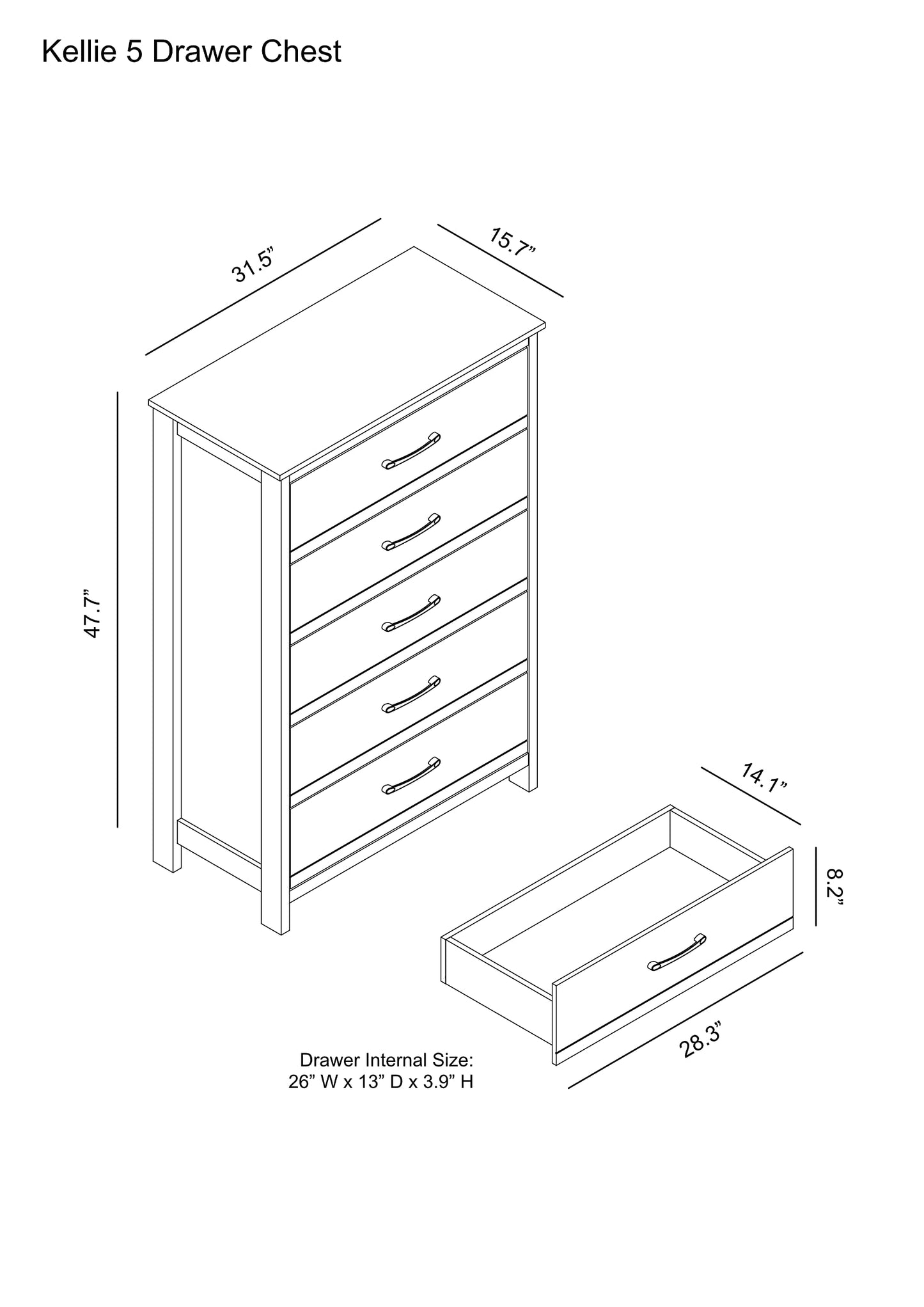 Galano Elis Wooden 5 Drawer Dresser for Bedroom with Interlock, Modern Storage Chest for Nursery and Children Room, 15.8" D x 31.5" W x 47.2" H, Dusty Grey Oak