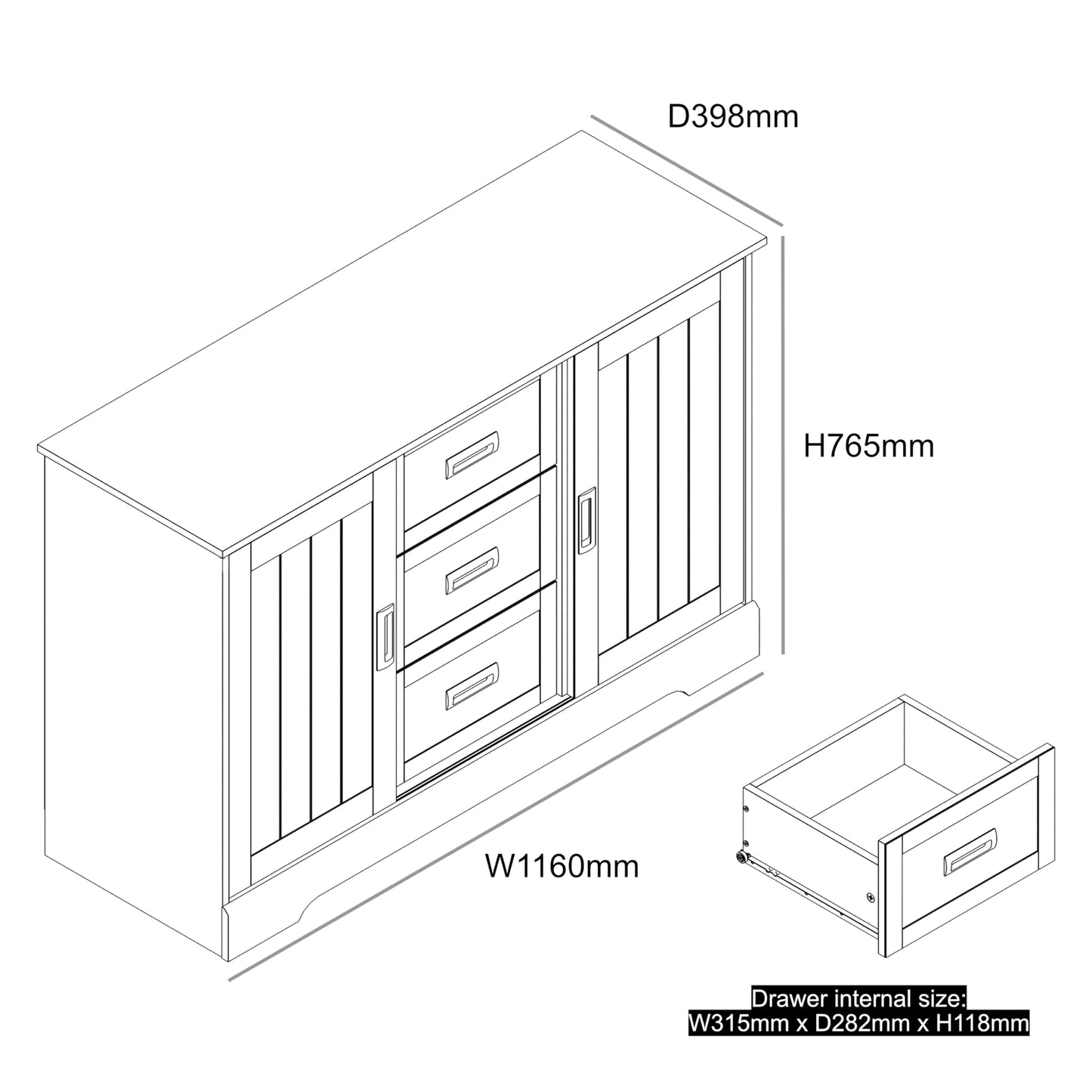 Galano Edison 2 Sliding Door 3 Drawer Sideboard - Cabinet Storage Organizer for Your Home - Space Saving Storage Sideboard - Adjustable Shelves (Light Grey/Oak)