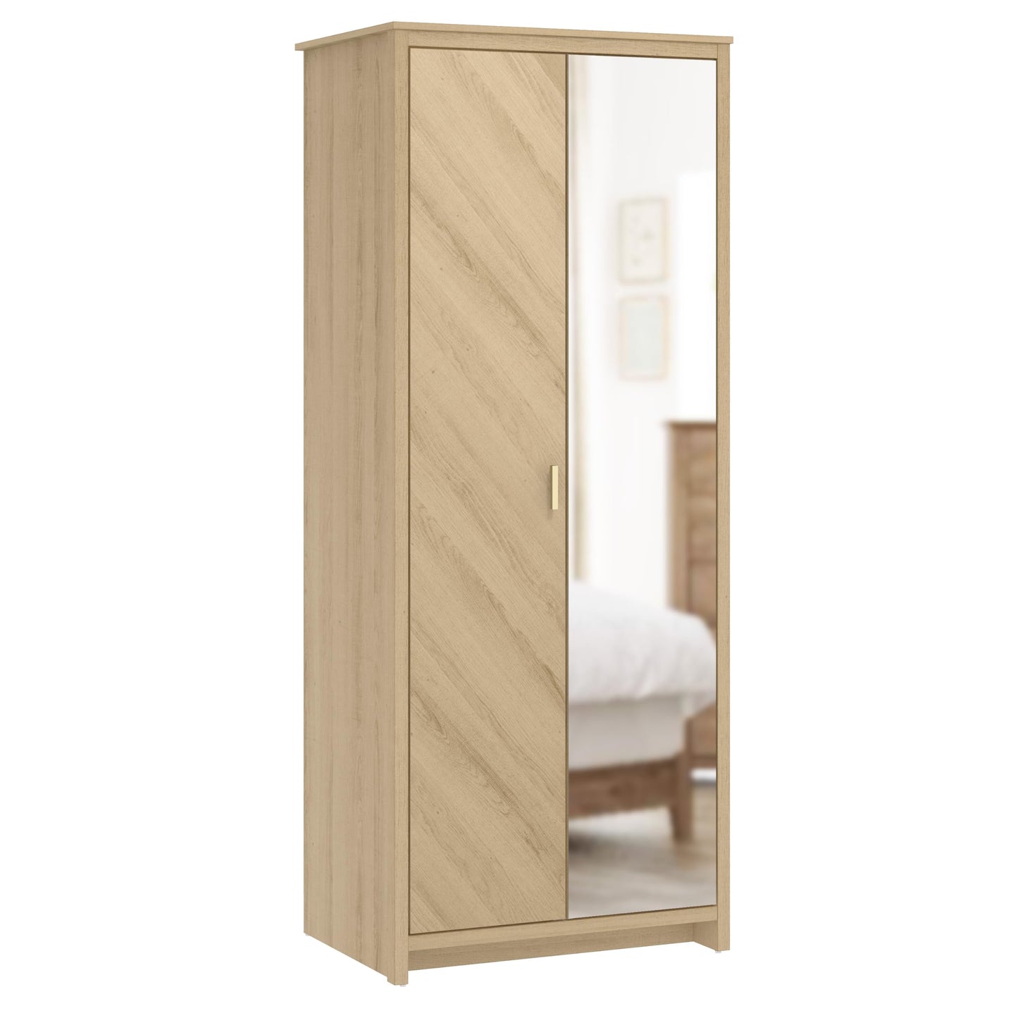 Galano Bonny 2 Door Wardrobe with Mirror - Stylish & Sturdy Wardrobe with Bar Gold Handle - Bedroom Furniture Unit with Hanging Rail Storage (Oslo Oak)