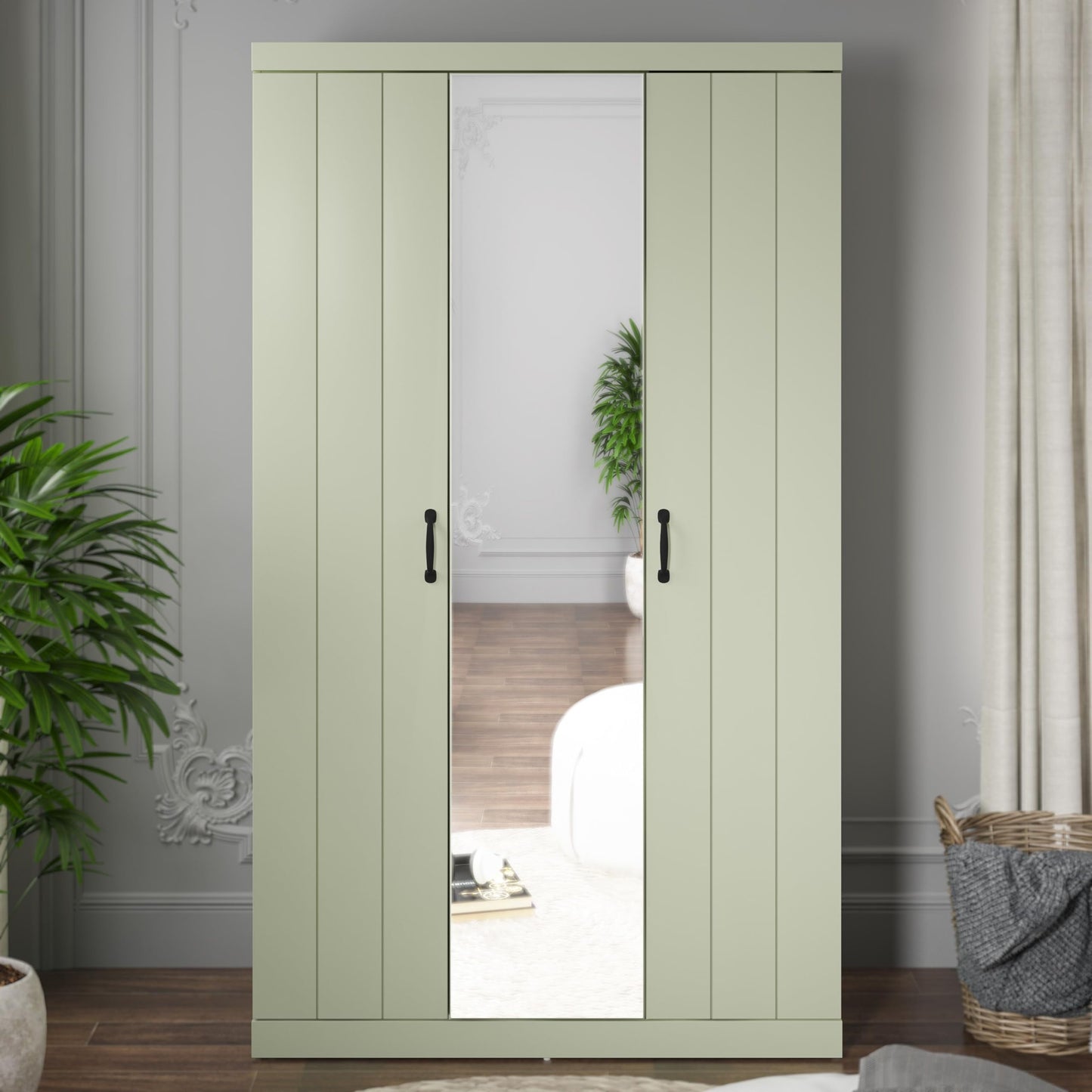 Galano Allington 3 Door Wardrobe with Mirror - Stylish & Sturdy Wardrobe - Bedrrom Furniture with Hanging Rail Storage (Light Green)