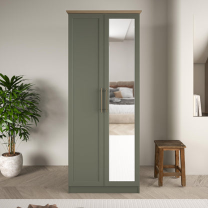 Galano Cleverton 2 Door Wardrobe with Mirror - Stylish & Sturdy Wardrobe with Bar Gold Metal Handle - Bedroom Furniture Unit with Hanging Rail Storage (Dark Green/Oak)