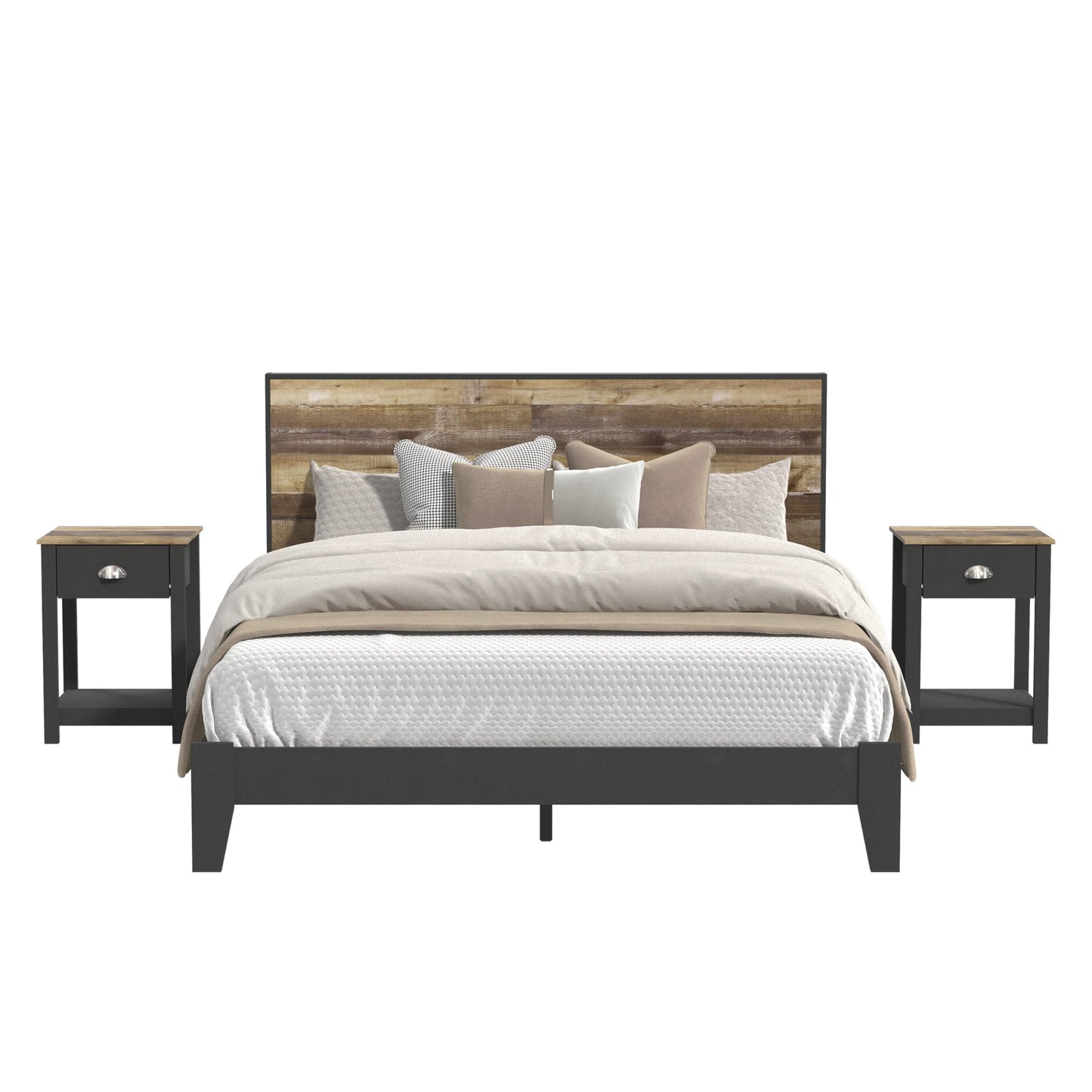 Galano Payne Queen Wood Bed Frame with Headboard & Set of 2 Nightstands, Fit 60'' x 80'' Mattress with Wood Slat Support, No Box Spring Needed, 64.2" L x 85.3" W x 40.1" H, Dusty Grey Oak