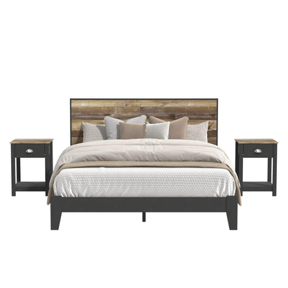 Galano Payne Queen Wood Bed Frame with Headboard & Set of 2 Nightstands, Fit 60'' x 80'' Mattress with Wood Slat Support, No Box Spring Needed, 64.2" L x 85.3" W x 40.1" H, Dusty Grey Oak