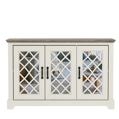 Galano Millicent 3 Door Sideboard with Acrylic Mirrors, Kitchen Buffet Cabinet, Farmhouse Coffee Bar Display Cabinet for Home Kitchen, Living Room, Dining Room and Hallway, Ivory Knotty Grey Oak