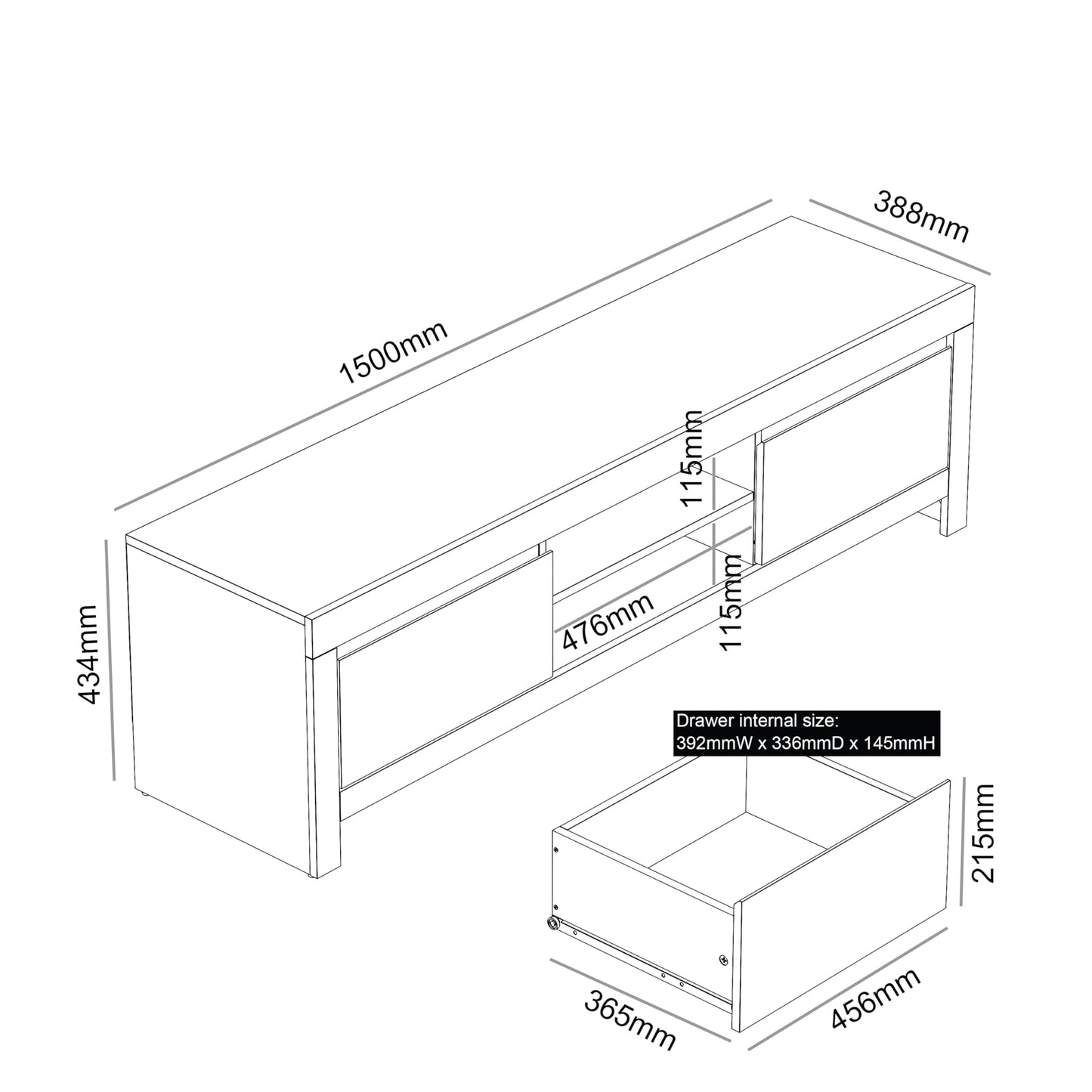 Galano Cubbot Wide TV-Möbel – Entertainment-Center für bis zu 55 Zoll große Fernseher – TV-Möbel mit 2 Schubladen und Mittelregal – TV-Ständerschrank für das Wohnzimmer – Dunkelgrau