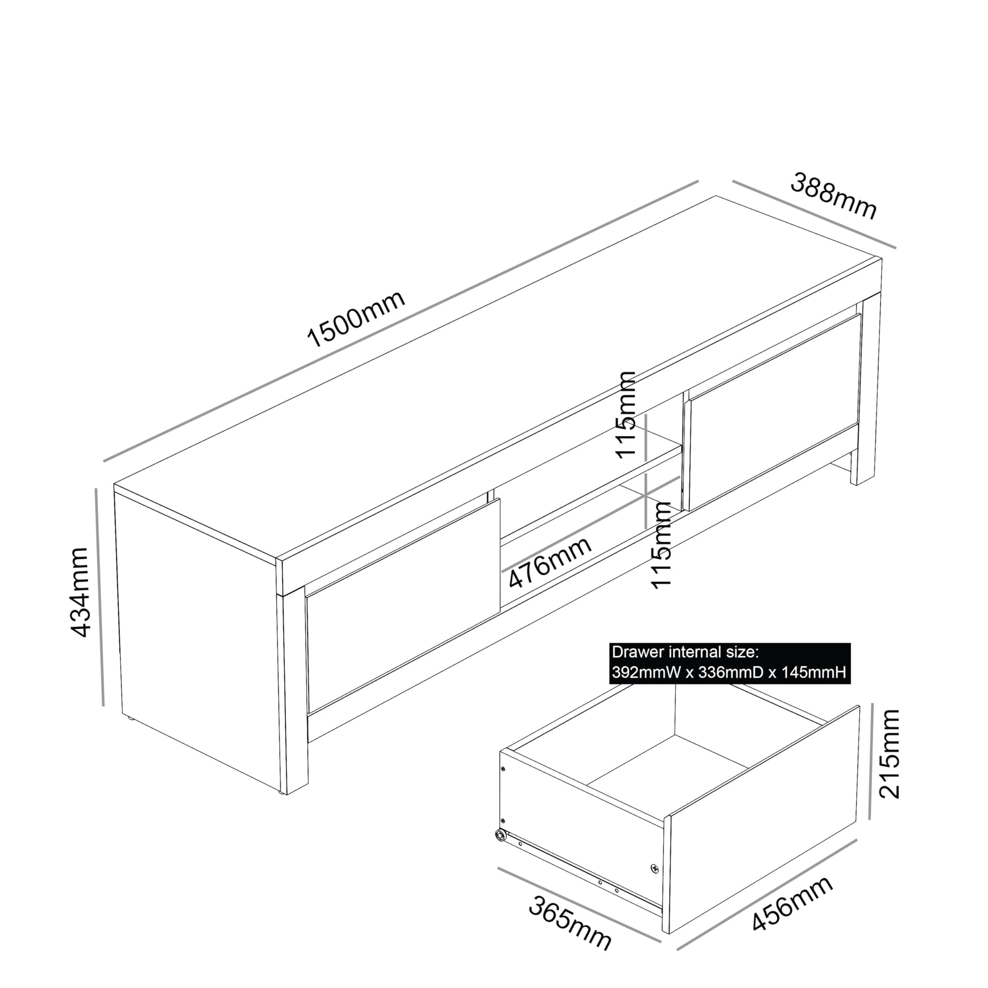 Galano Cubbot Wide TV Unit - Entertainment Centre for up to 55" TV - TV Unit with 2 Drawers with Centre Shelf - TV Stand Cabinet for Living Room - Dark Grey