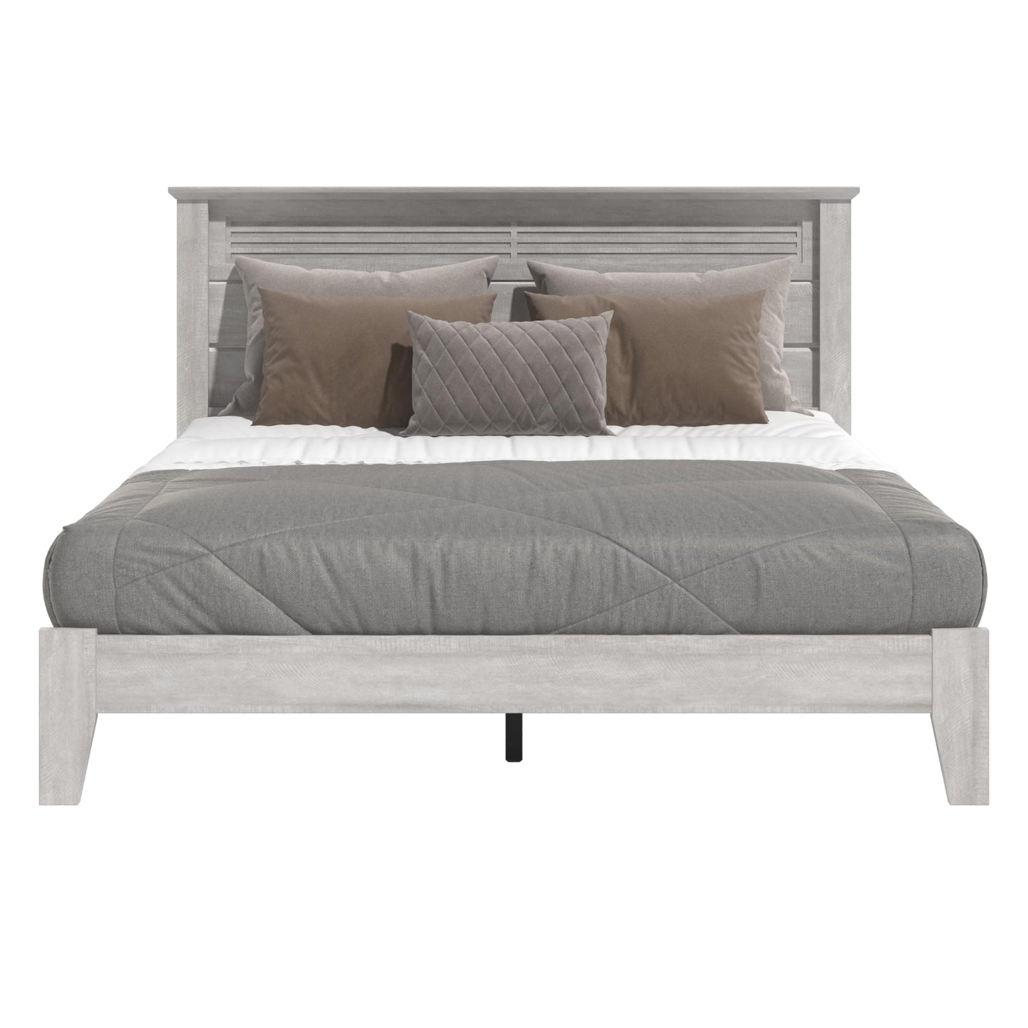 Galano Tiena Louvered Wood Platform Queen Bed Frame with Headboard, Mattress Foundation with Wood Slat Support, No Box Spring Needed, 65.75" L x 85.35" W x 40.16" H, Dusty Grey Oak