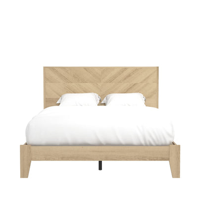 Galano Fiosoa Double Bed - Stylish Fishbone Design Bedframe with Headboard - Sturdy Bedframe for Adult with Wood Slat Support - Easy Assembly - Oslo Oak