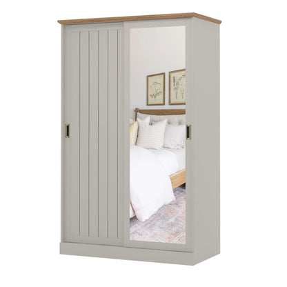 Galano Durban 2 Door Sliding Wardrobe with Mirror - Space Saving Stylish and Sturdy 2 Door Minimalist Wardrobe - Bedroom Furniture Unit with Hanging Rail Storage (White/Oak)