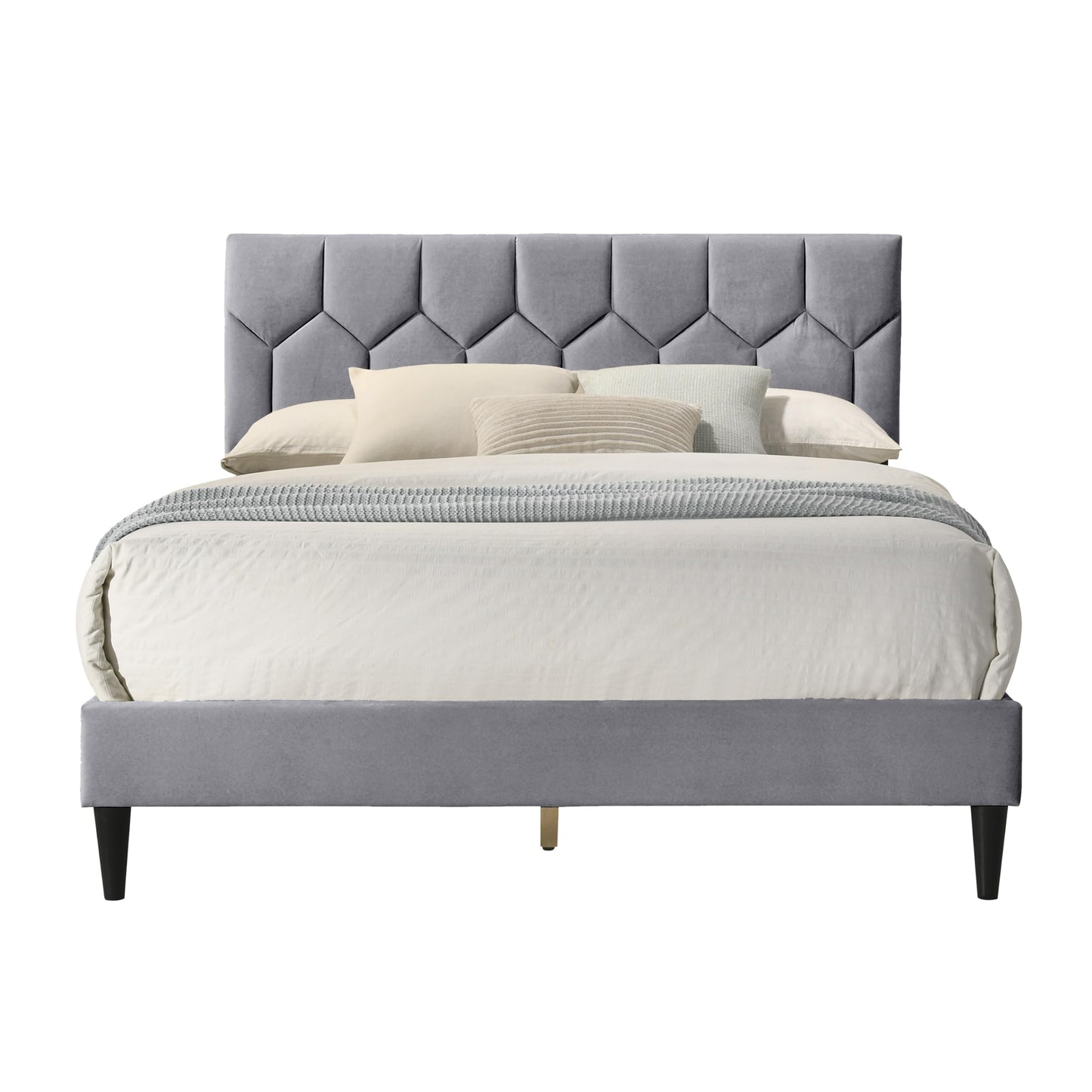 Galano Grimsby Upholstered Double Bed - Stylish Fabric Bedframe with Headboard - Sturdy Bedframe for Adult with Wooden Slat Support - Easy Assembly (Grey)