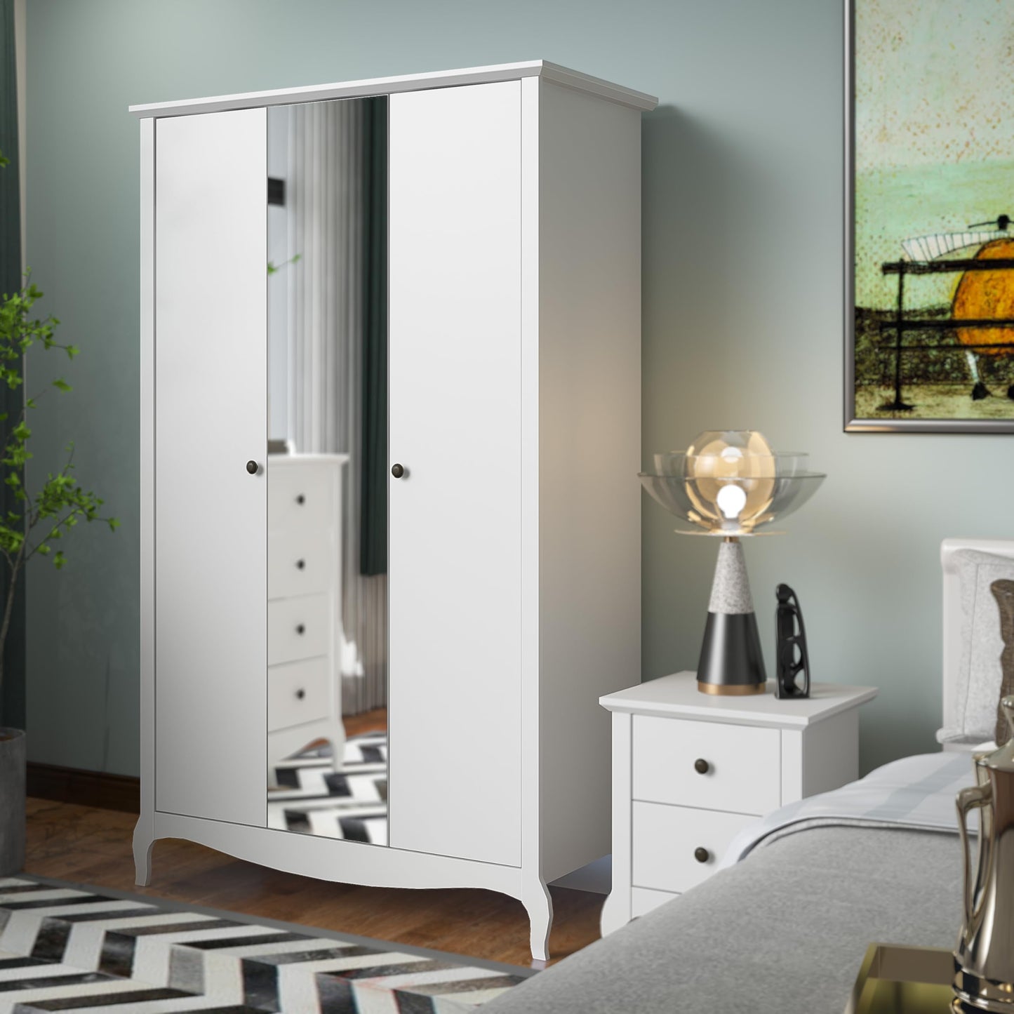 Galano Stella 3 Door Wardrobe with Mirror - Stylish & Sturdy Wardrobe with Bar Gold Metal Handle - Bedroom Furniture Unit with Hanging Rail Storage (White,)