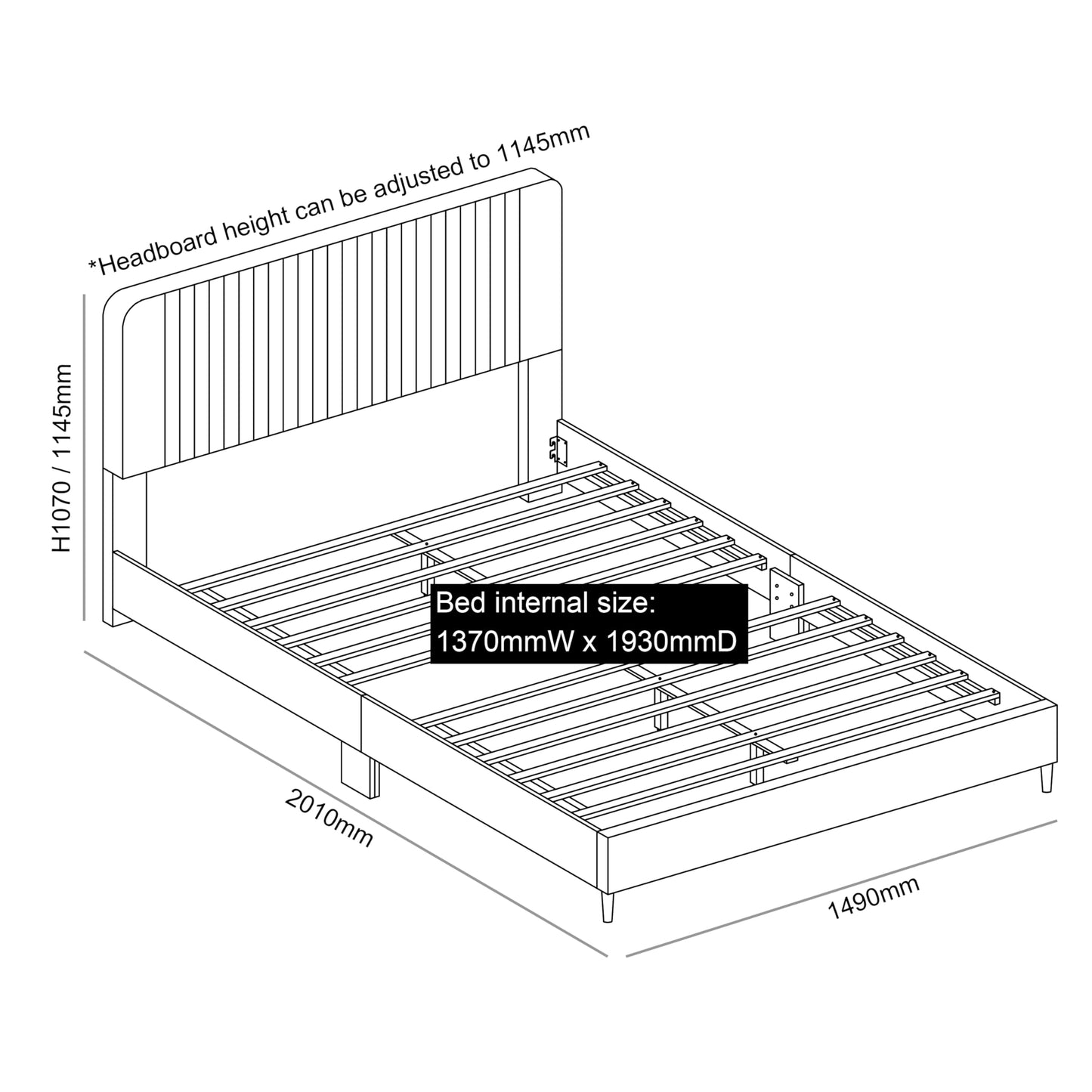 Galano Newry Upholstered Double Bed - Stylish Fabric Bedframe with Headboard - Sturdy Bedframe for Adult with Wooden Slat Support - Easy Assembly (Grey)