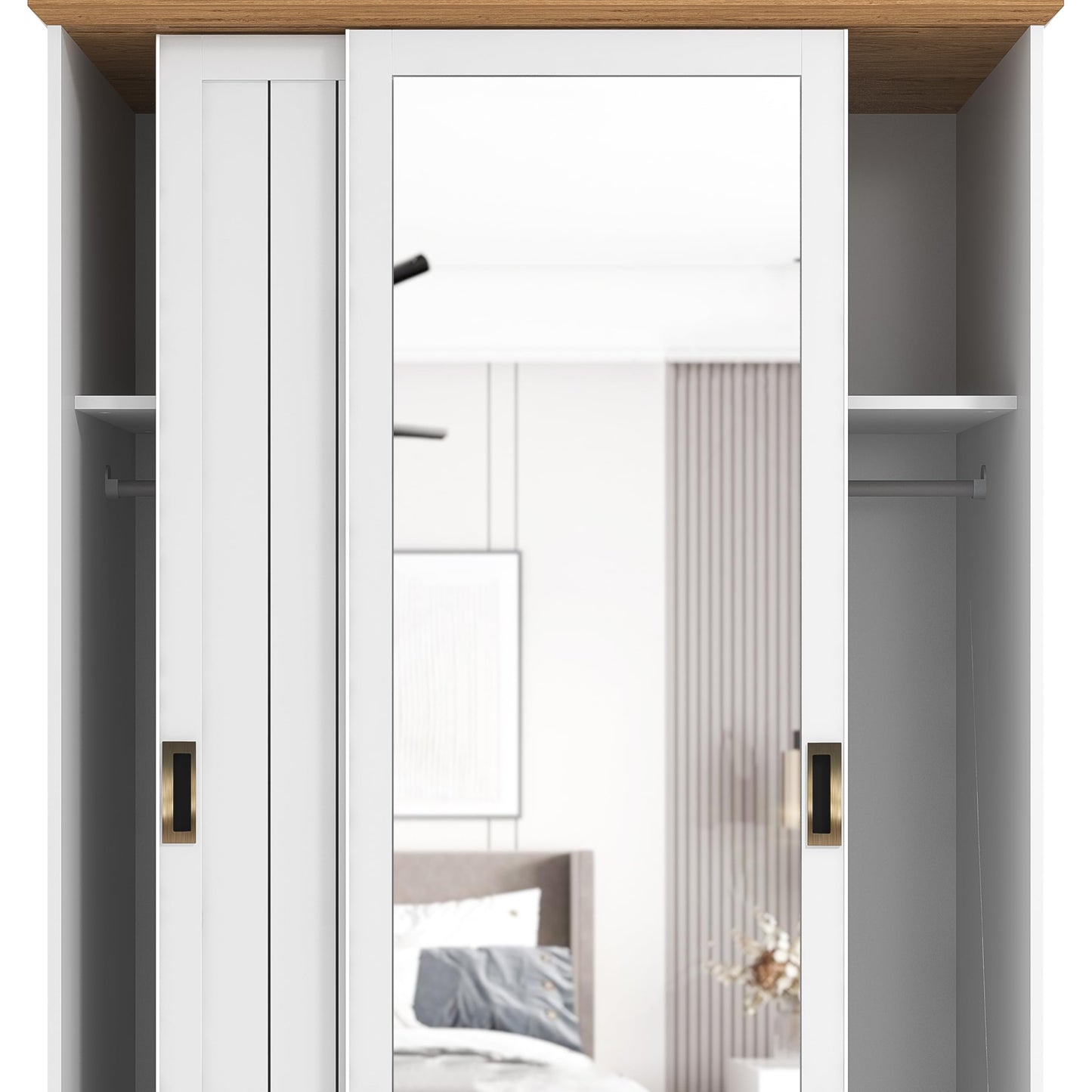 Galano Durban 2 Door Sliding Wardrobe with Mirror - Space Saving Stylish and Sturdy 2 Door Minimalist Wardrobe - Bedroom Furniture Unit with Hanging Rail Storage (White/Oak)