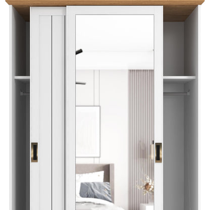 Galano Durban 2 Door Sliding Wardrobe with Mirror - Space Saving Stylish and Sturdy 2 Door Minimalist Wardrobe - Bedroom Furniture Unit with Hanging Rail Storage (White/Oak)