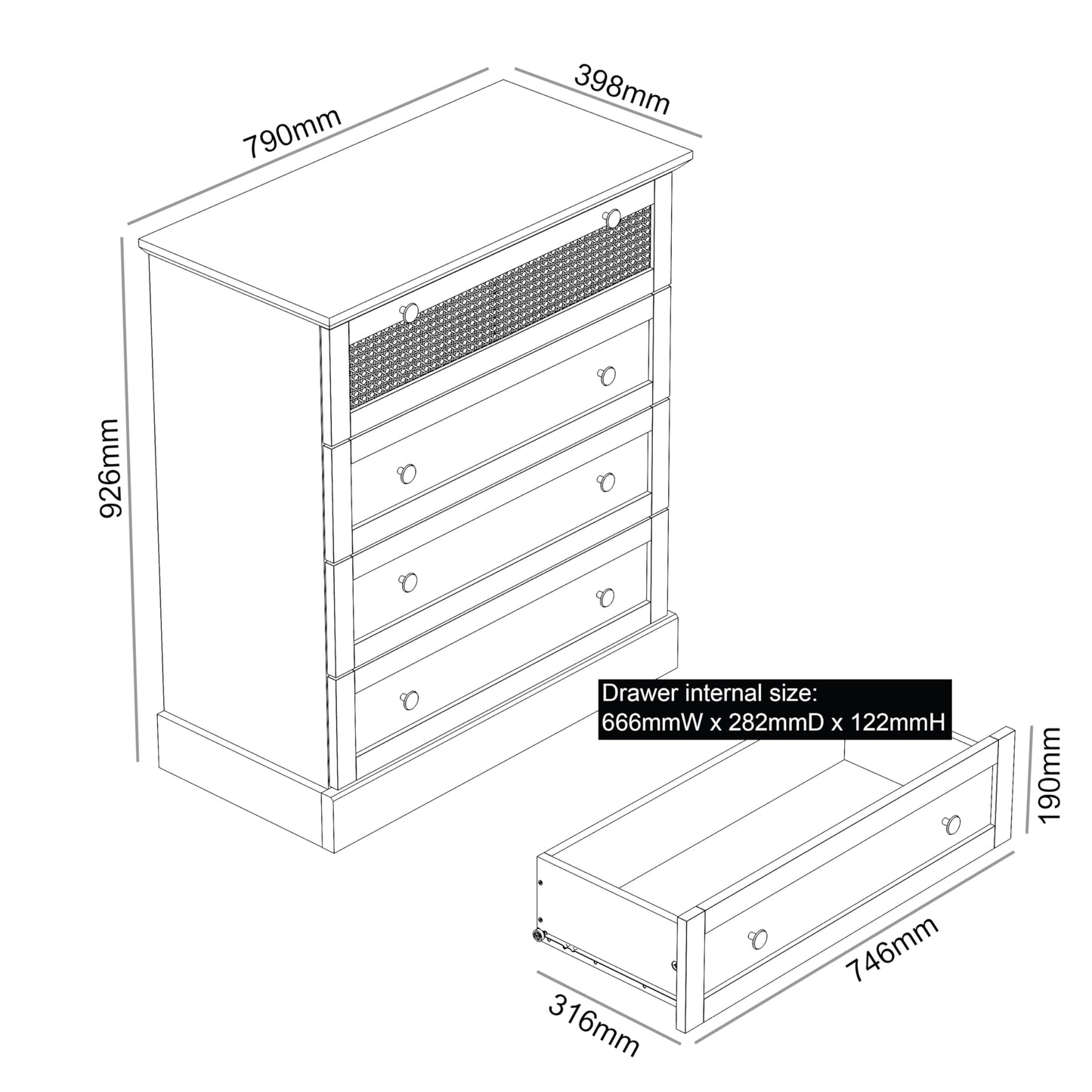 Galano Catalina Kommode mit 4 Schubladen – Hohe Kommode aus Rattan mit Stauraum für Schlafzimmer – Kommode für Kleidung – Organizer und Aufbewahrungsschrank für Flur – Eingangsbereich oder Wohnzimmer