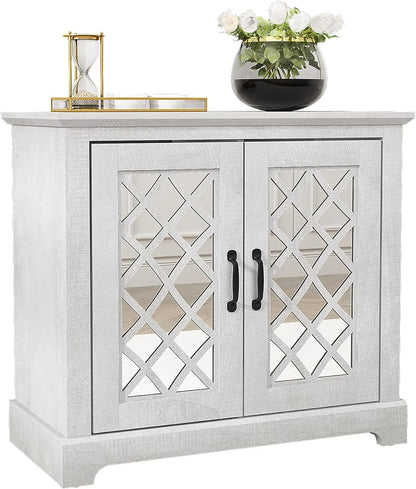 Galano Millicent 2 Door Sideboard, Buffet Cabinet with Acrylic Mirror Doors, 15.7" D x 32.4" W x 29.3" H, Dusty Grey Oak