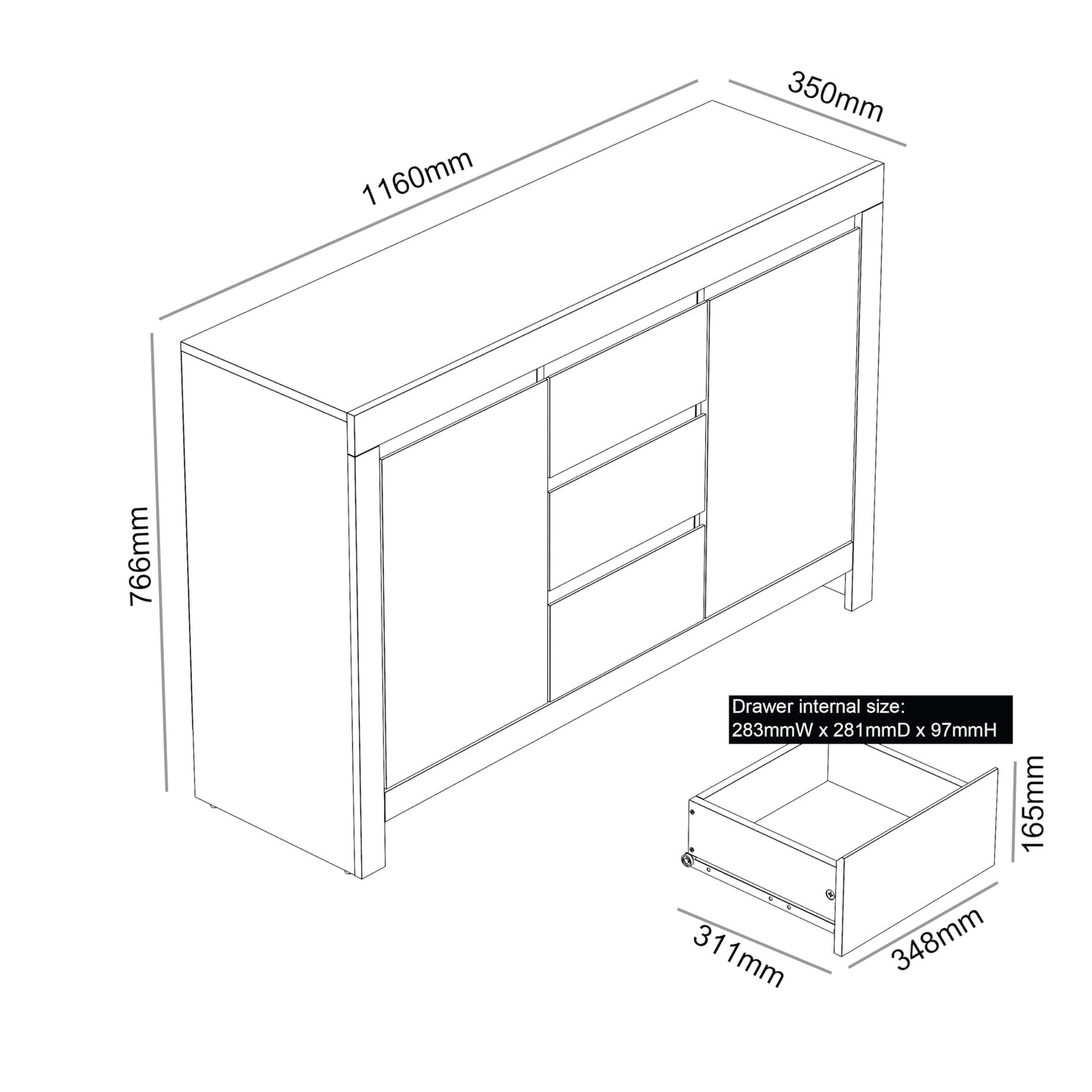 Galano Cubbot 2 Door 3 Drawer Sideboard - Storage Cabinet with 2 Doors and Drawers - Freestanding Cabinet for Living Room & Hallway - 35.3 x 116 x 76.5 cm - Dark Grey Oak