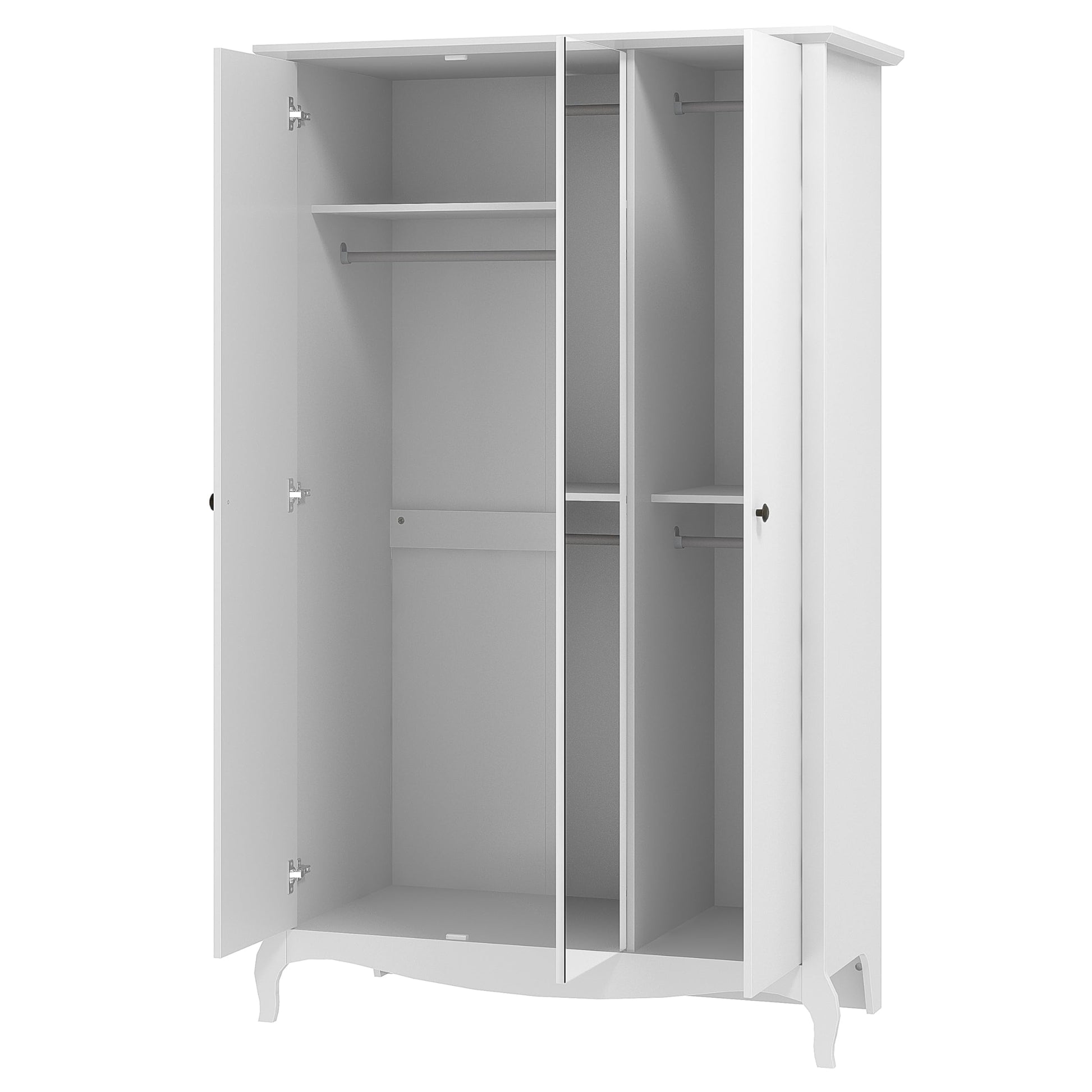 Galano Stella 3 Door Wardrobe with Mirror - Stylish & Sturdy Wardrobe with Bar Gold Metal Handle - Bedroom Furniture Unit with Hanging Rail Storage (White,)