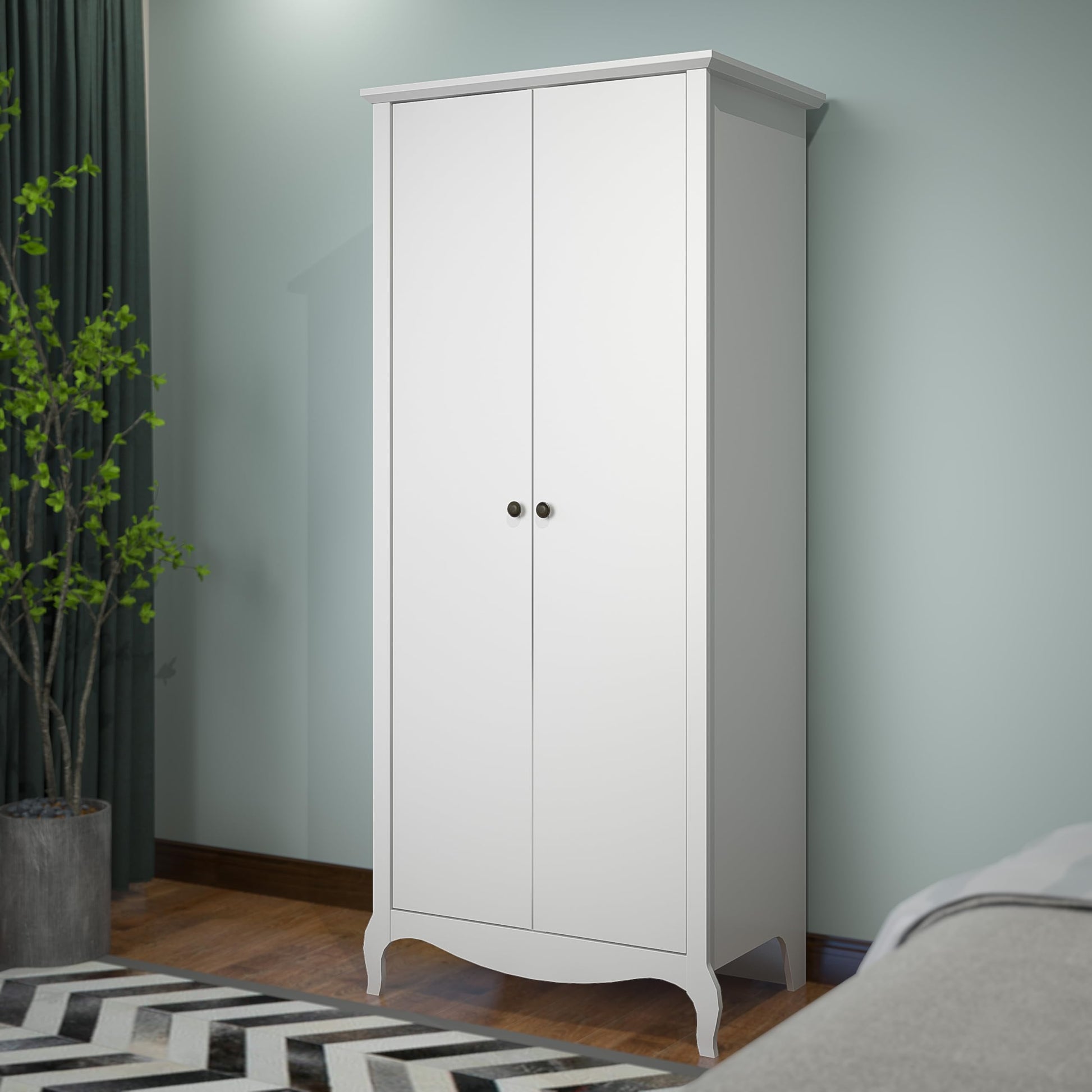 Galano Stella 2 Door Wardrobe - Stylish & Sturdy Wardrobe with Bar Gold Metal Handle - Bedroom Furniture Unit with Hanging Rail Storage (White)