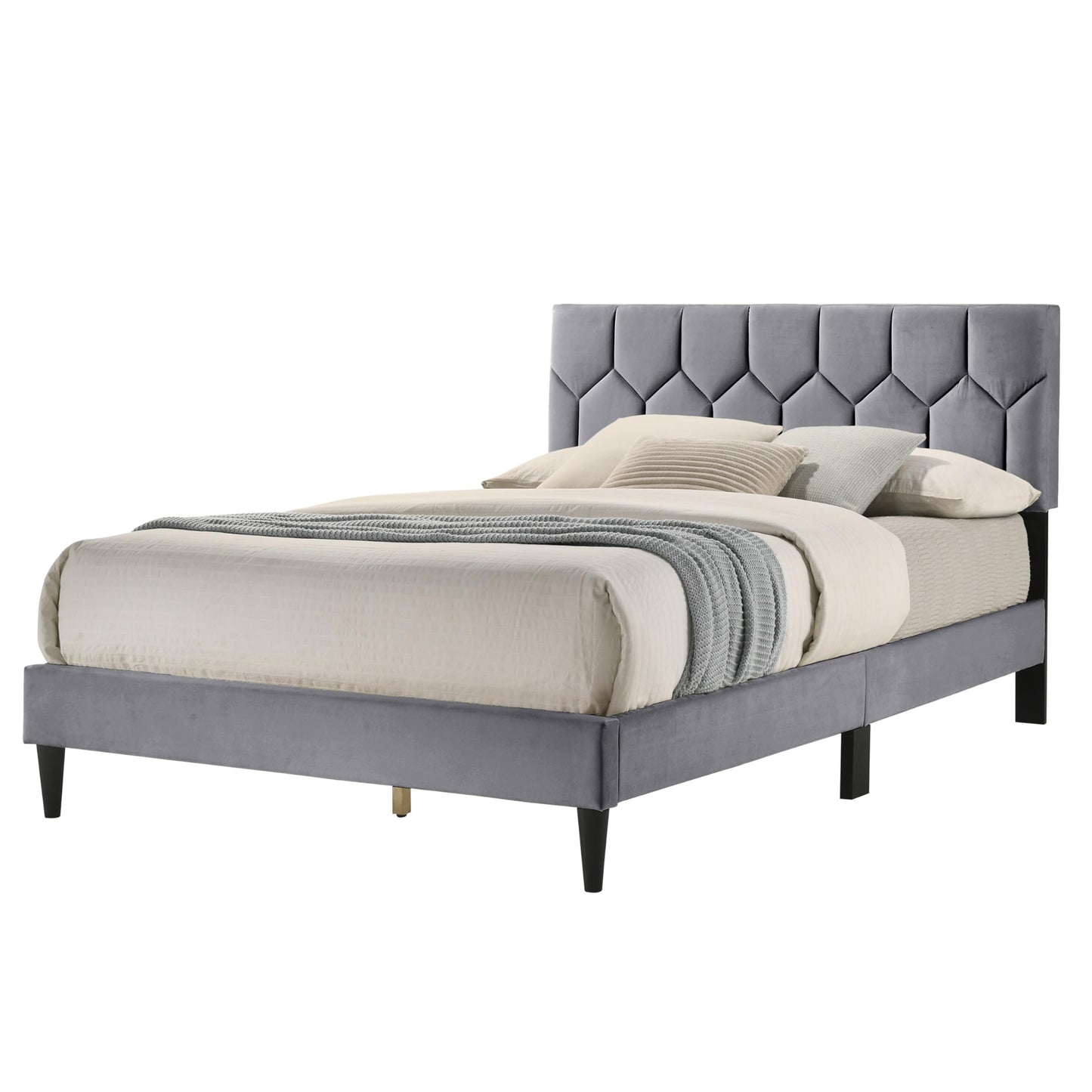 Galano Grimsby Upholstered Double Bed - Stylish Fabric Bedframe with Headboard - Sturdy Bedframe for Adult with Wooden Slat Support - Easy Assembly (Grey)