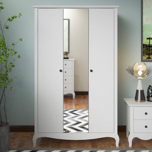 Galano Stella 3 Door Wardrobe with Mirror - Stylish & Sturdy Wardrobe with Bar Gold Metal Handle - Bedroom Furniture Unit with Hanging Rail Storage (White,)