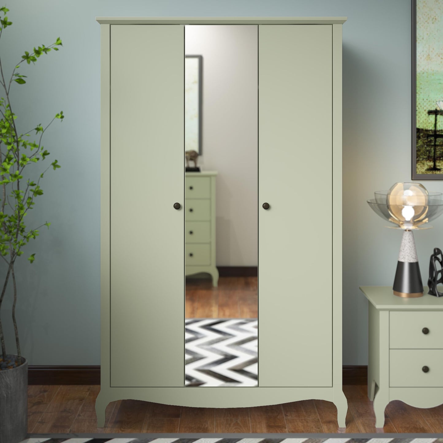 Galano Stella 2 Door Wardrobe - Stylish & Sturdy Wardrobe with Bar Gold Metal Handle - Bedroom Furniture Unit with Hanging Rail Storage (Light Green)