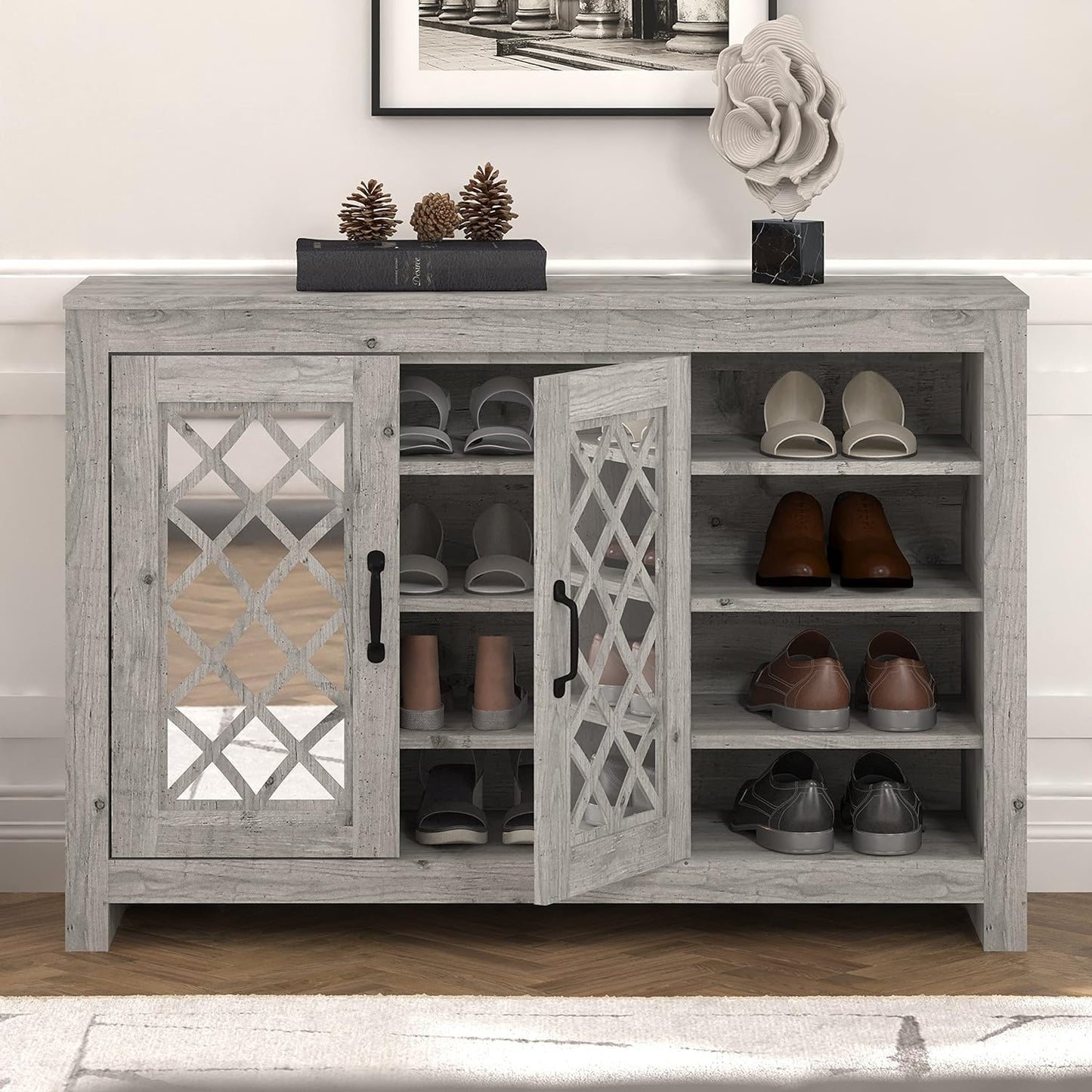 Galano Millicent 16 Pair Shoe Storage Cabinet, Freestanding Organizer with Acrylic Mirror Doors for Entryway, Narrow Shoe Rack Cabinet, 13.39" D x 44.29" W x 30" H, Mexican Grey