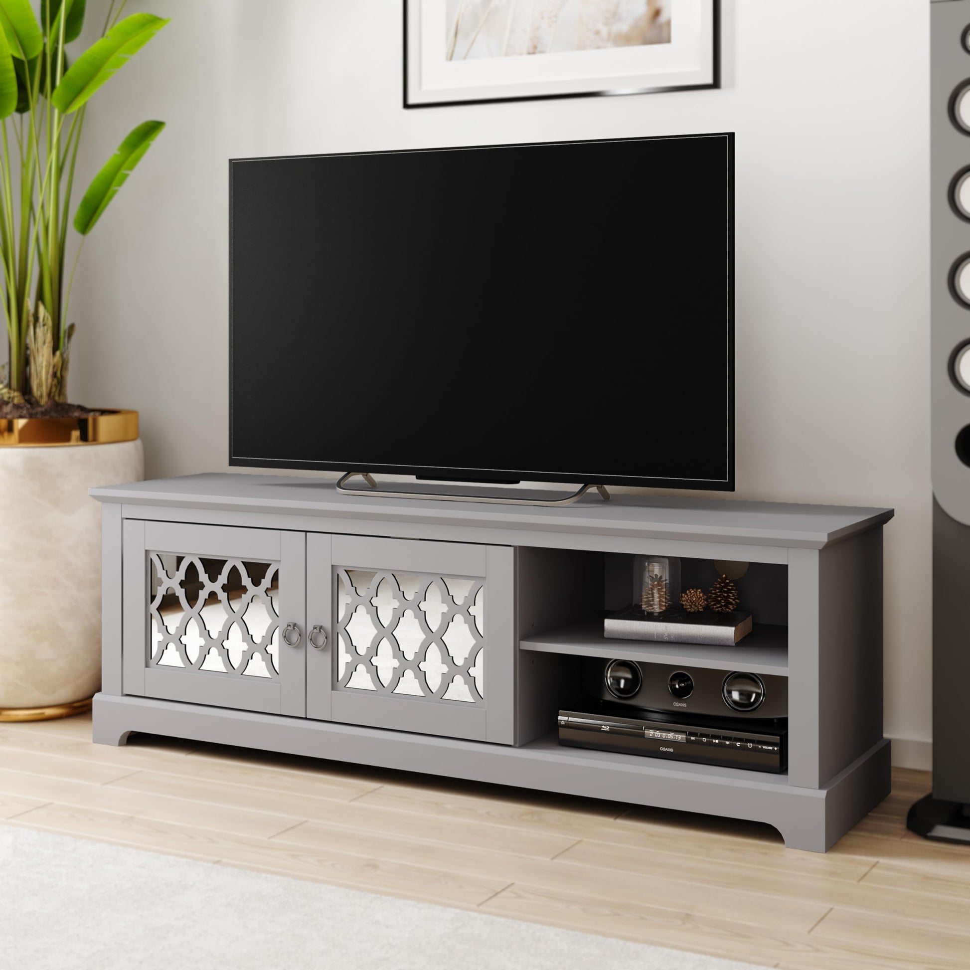 Galano Novara Wide TV Unit, Entertainment Centre for up to 65" TV, 150cm TV Unit with 2 Doors, TV Stand Cabinet for Living Room, Large Storage (Cool Grey)