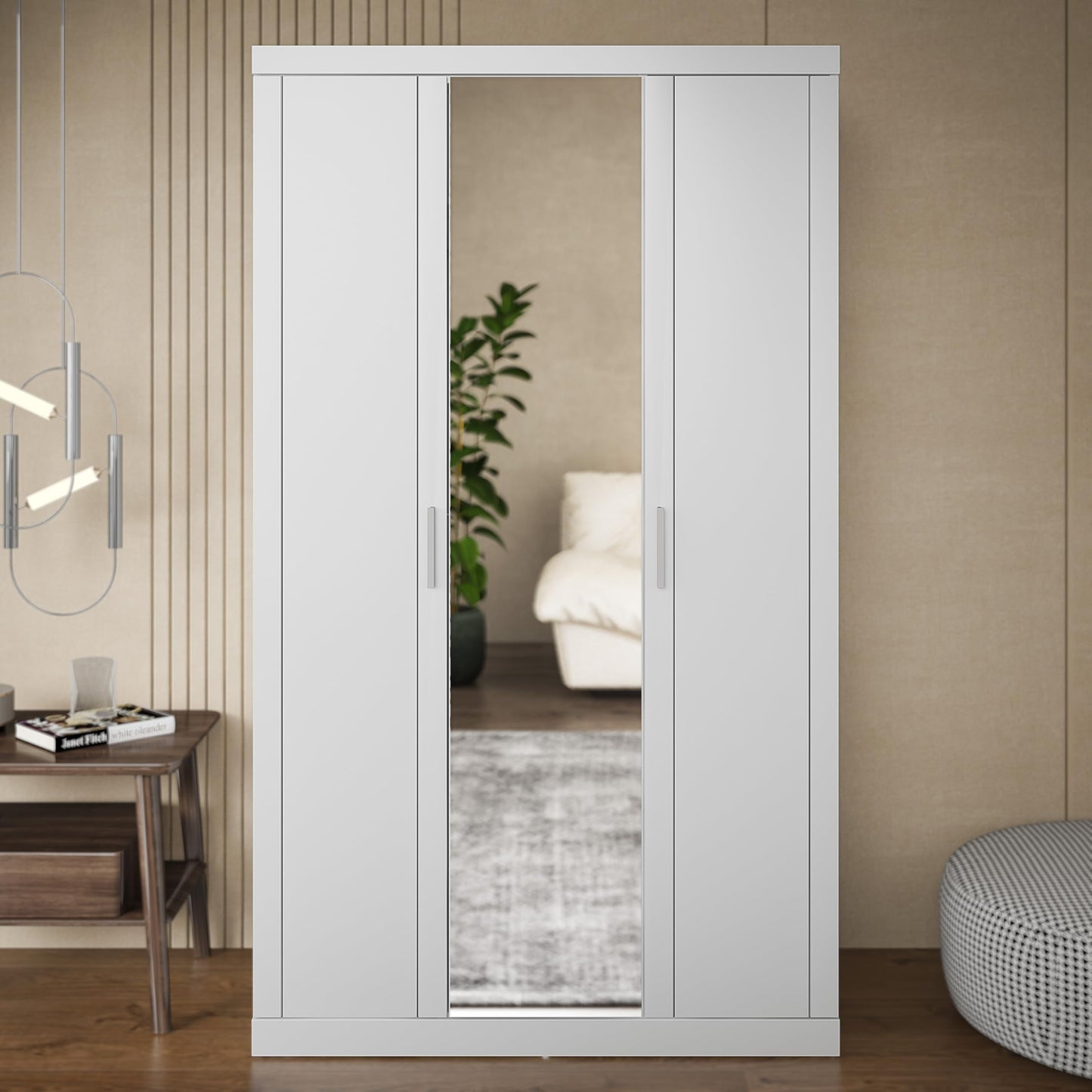 Galano Kimberley 3 Door Wardrobe with Mirror - Mirrored Stylish & Sturdy Wardrobe - Bedrrom Furniture with Hanging Rail Storage (White)