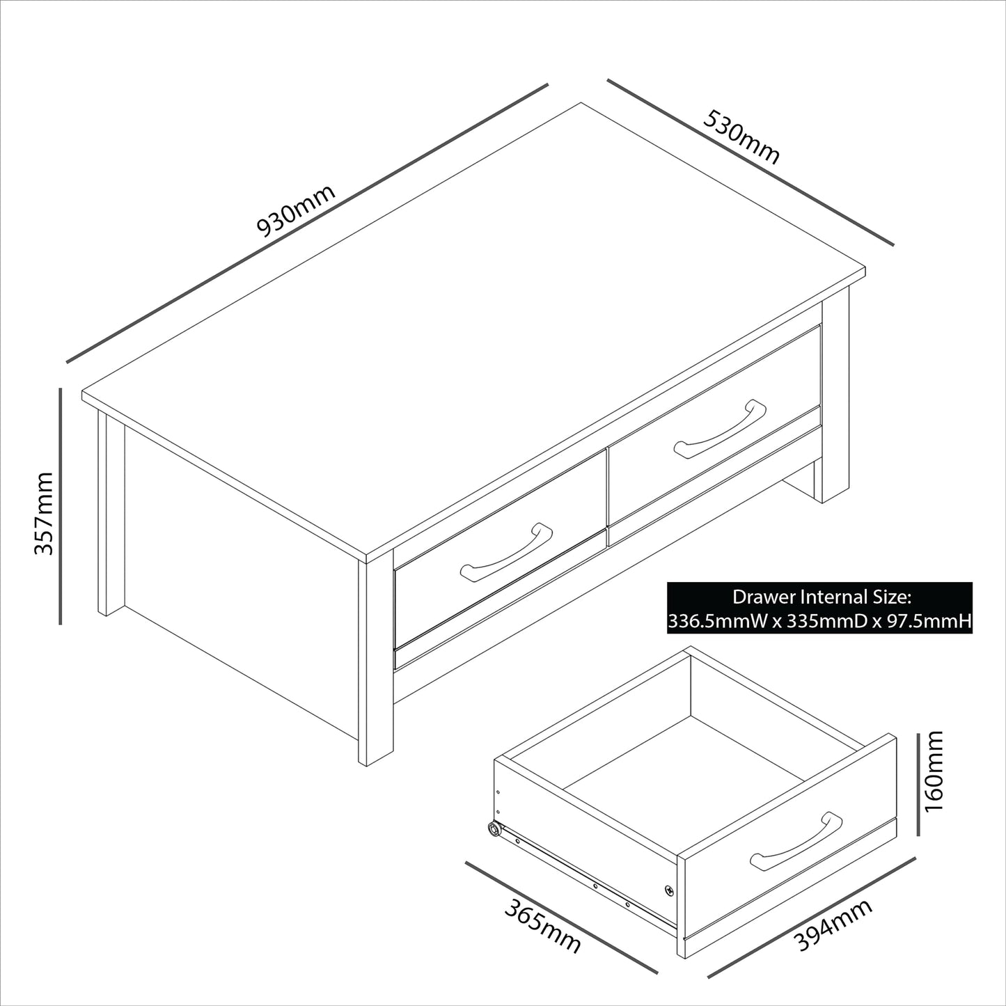 Galano Limestone Coffee Table - 2 Drawer Storage Unit - Engineered Wood Storage Cabinet, Rectangular Living Room Table with Storage (Dark Grey)