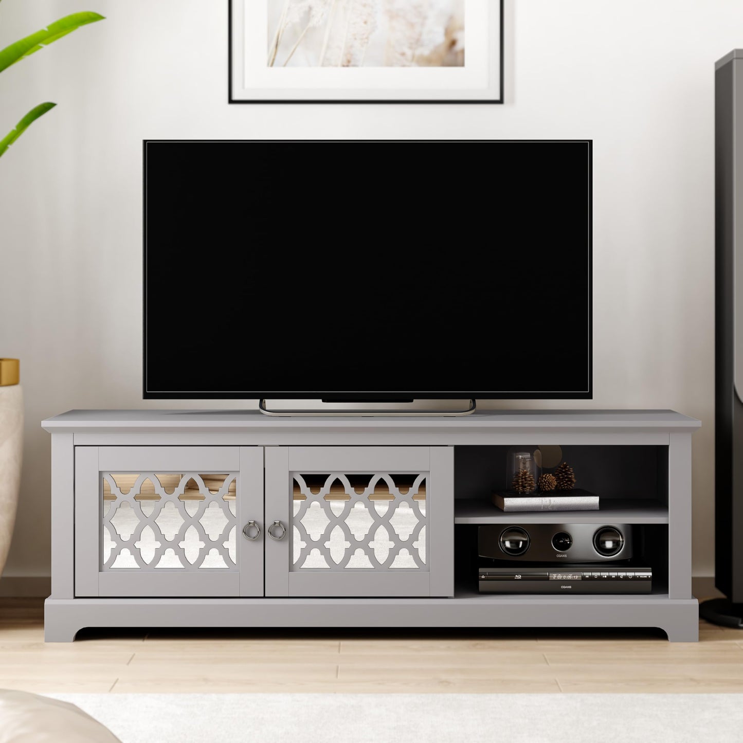 Galano Novara Breites TV-Möbel, Entertainment-Center für bis zu 65 Zoll große Fernseher, 150 cm großes TV-Möbel mit 2 Türen, TV-Ständerschrank fürs Wohnzimmer, viel Stauraum (kühles Grau)