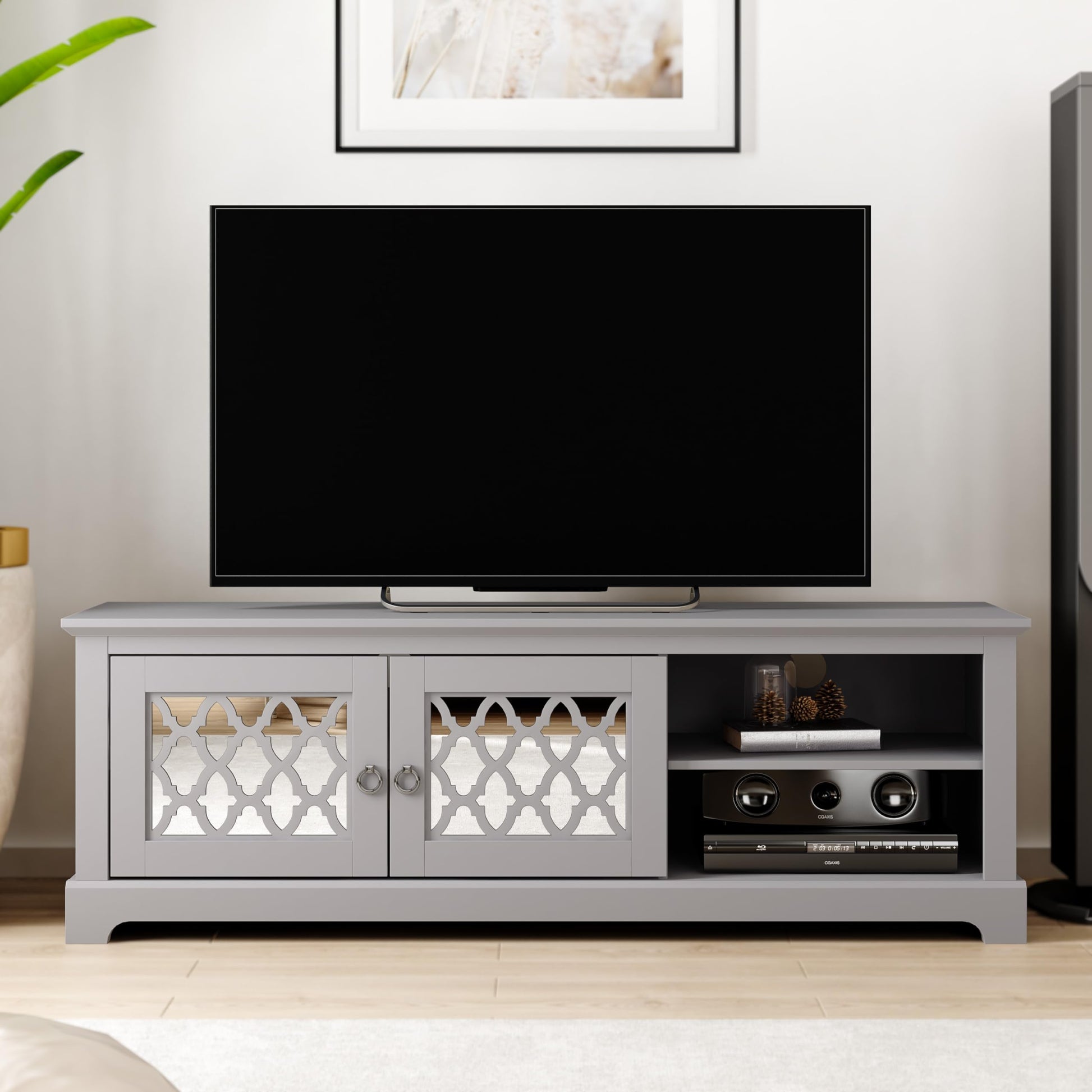 Galano Novara Wide TV Unit, Entertainment Centre for up to 65" TV, 150cm TV Unit with 2 Doors, TV Stand Cabinet for Living Room, Large Storage (Cool Grey)