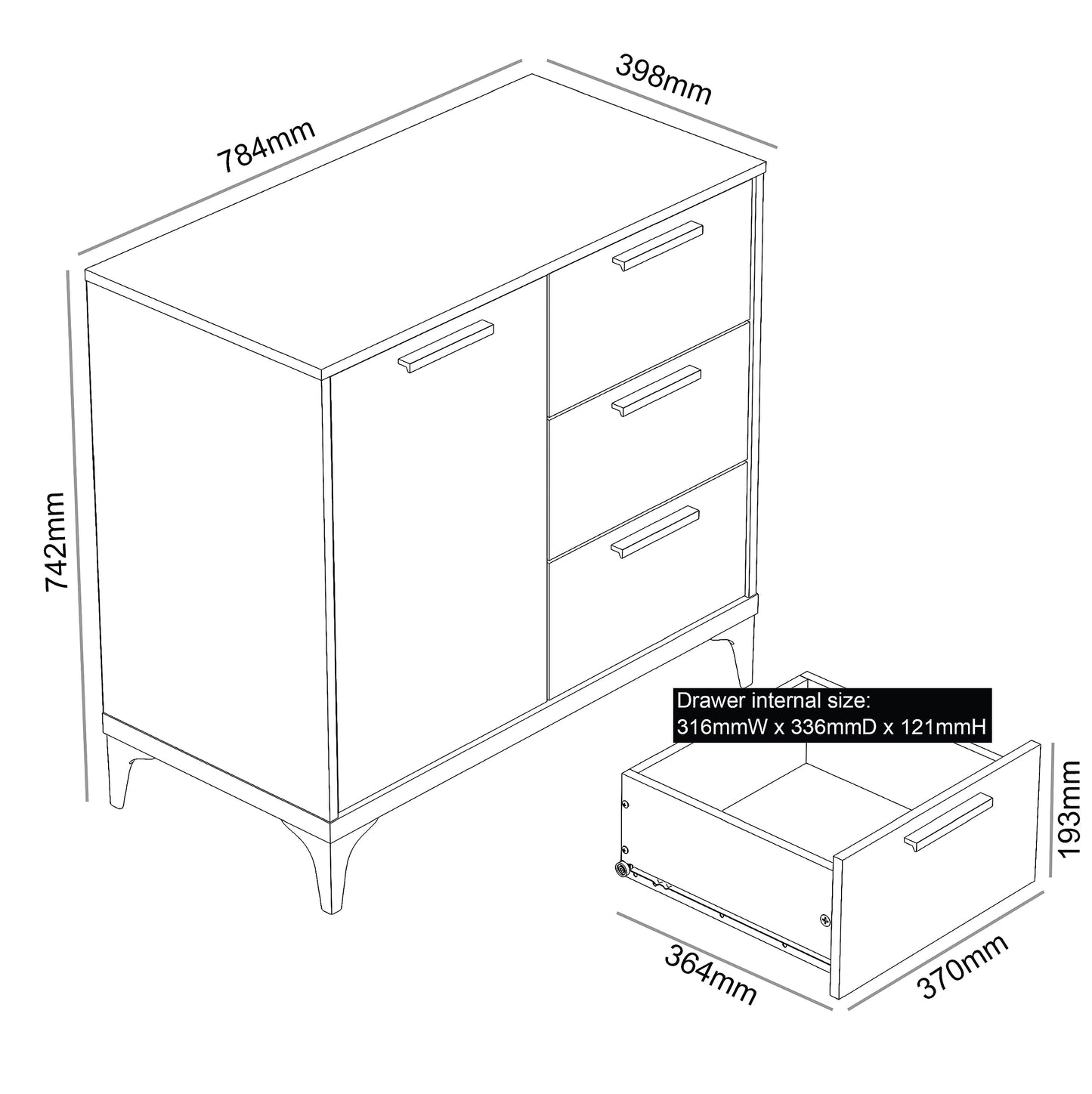 Galano Lawrence 1 Door 3 Drawer Sideboard - Cabinet Storage Organizer for Your Home - Storage Sideboard - Adjustable Shelves (Dusty Grey Oak)