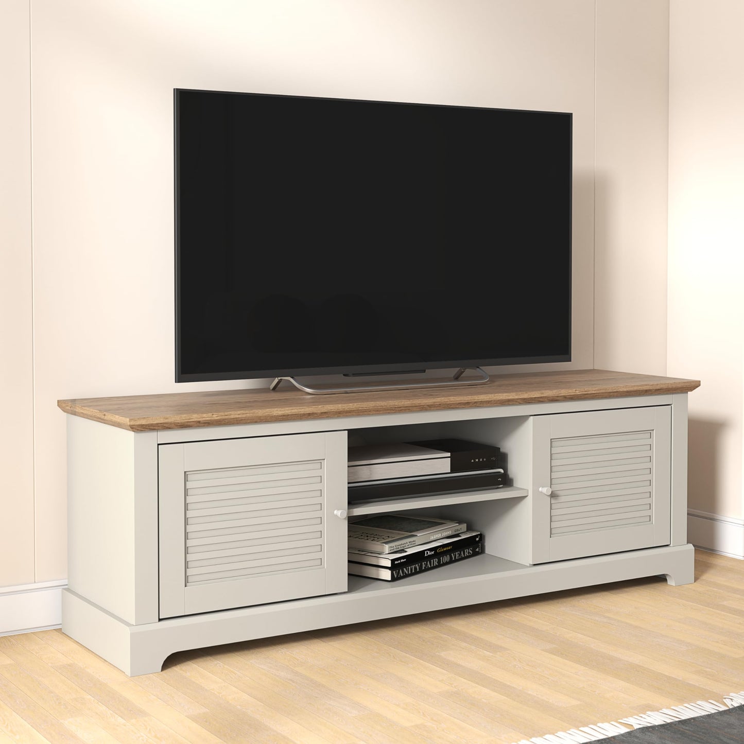 Galano Milan Wide TV Unit, Entertainment Centre for up to 65" TV, 150cm TV Unit with 2 Doors, TV Stand Cabinet for Living Room, Large Storage (Light Grey/Oak)