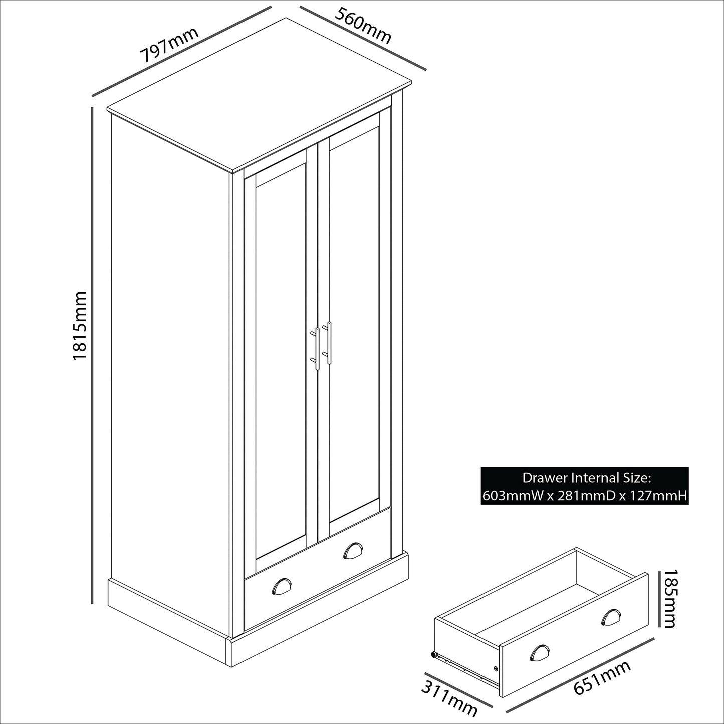 Galano Sufy 2 Door 1 Drawer Wardrobe - Minimalist Wardrobe - Bedroom Furniture Unit with Hanging Rail Storage and Drawer - Wardrobe Storage - W79.7 x D56 x H182cm - Light Grey