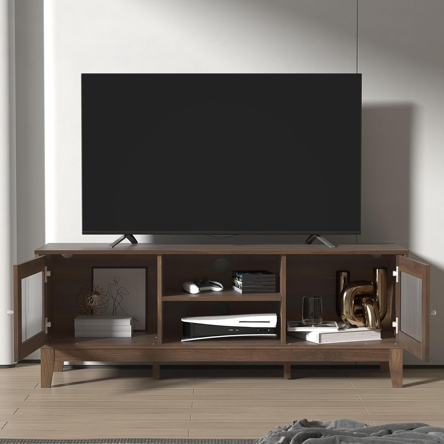 Galano Beverly Wide TV Unit, Entertainment Centre for up to 65" TV, 150cm TV Unit with 2 Doors, TV Stand Cabinet for Living Room, Large Storage - Walnut