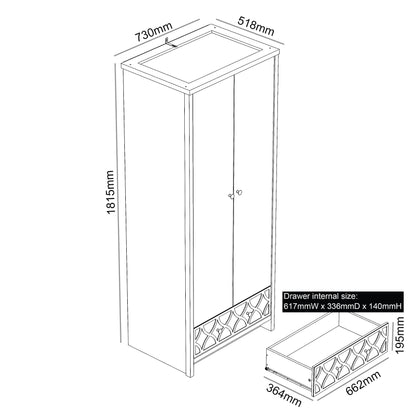 Galano Iris 2 Door 1 Drawer Wardrobe - Bedroom Furniture Unit with Hanging Rail Storage and Drawer, Wardrobe Storage Organizer - Grey