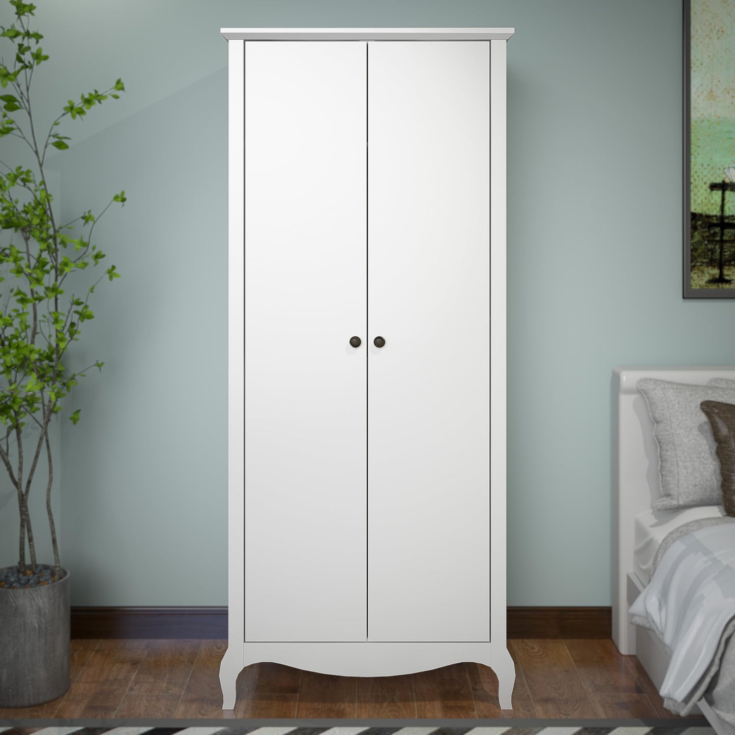 Galano Stella 2 Door Wardrobe - Stylish & Sturdy Wardrobe with Bar Gold Metal Handle - Bedroom Furniture Unit with Hanging Rail Storage (White)