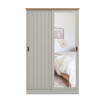 Galano Durban 2 Door Sliding Wardrobe with Mirror - Space Saving Stylish and Sturdy 2 Door Minimalist Wardrobe - Bedroom Furniture Unit with Hanging Rail Storage (White/Oak)