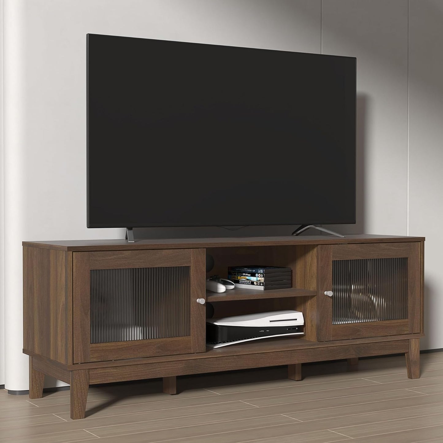 Galano Beverly Wide TV Unit, Entertainment Centre for up to 65" TV, 150cm TV Unit with 2 Doors, TV Stand Cabinet for Living Room, Large Storage - Walnut