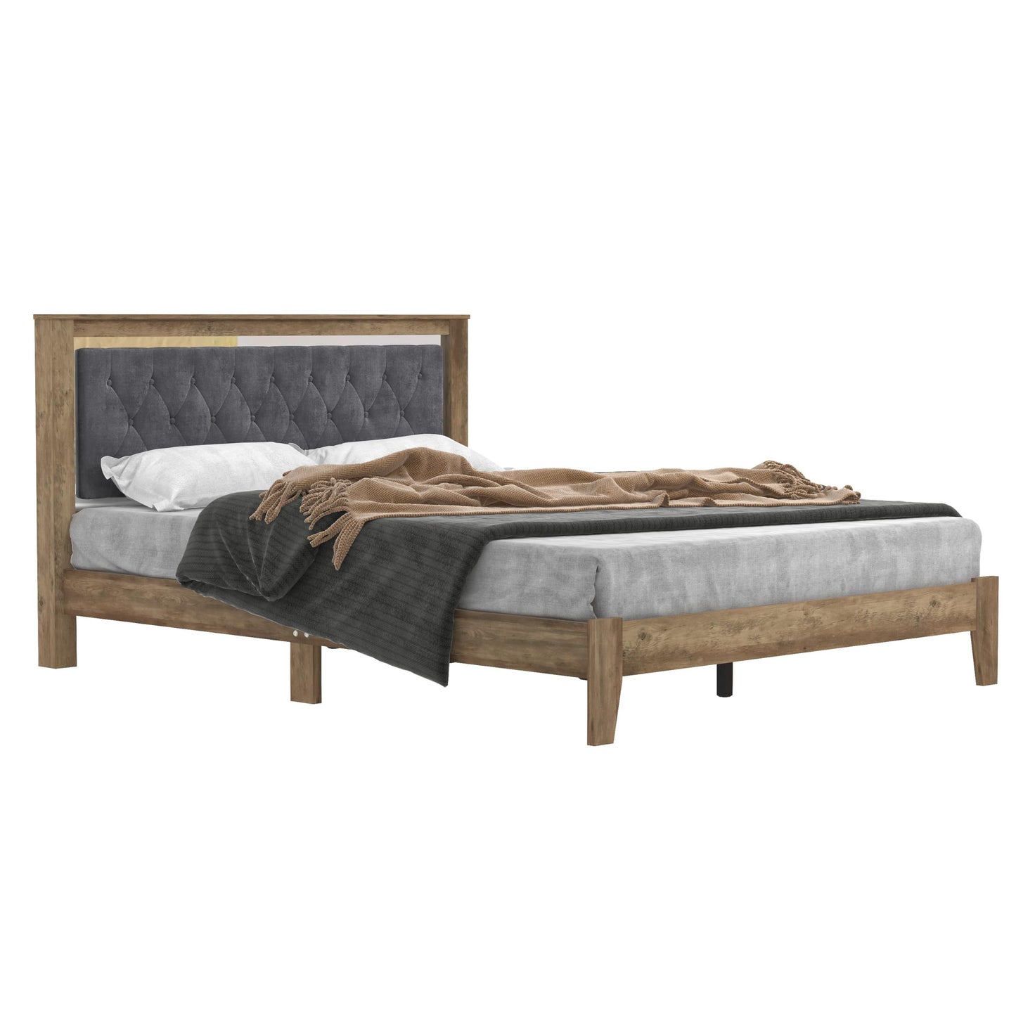 Galano Diwata Queen Size Bed Frame with Cushioned Headboard & Wooden Slats Support, Mattress Foundation, No Box Spring Needed, 64.64" L x 85.94" W x 39.57" H, Knotty Oak