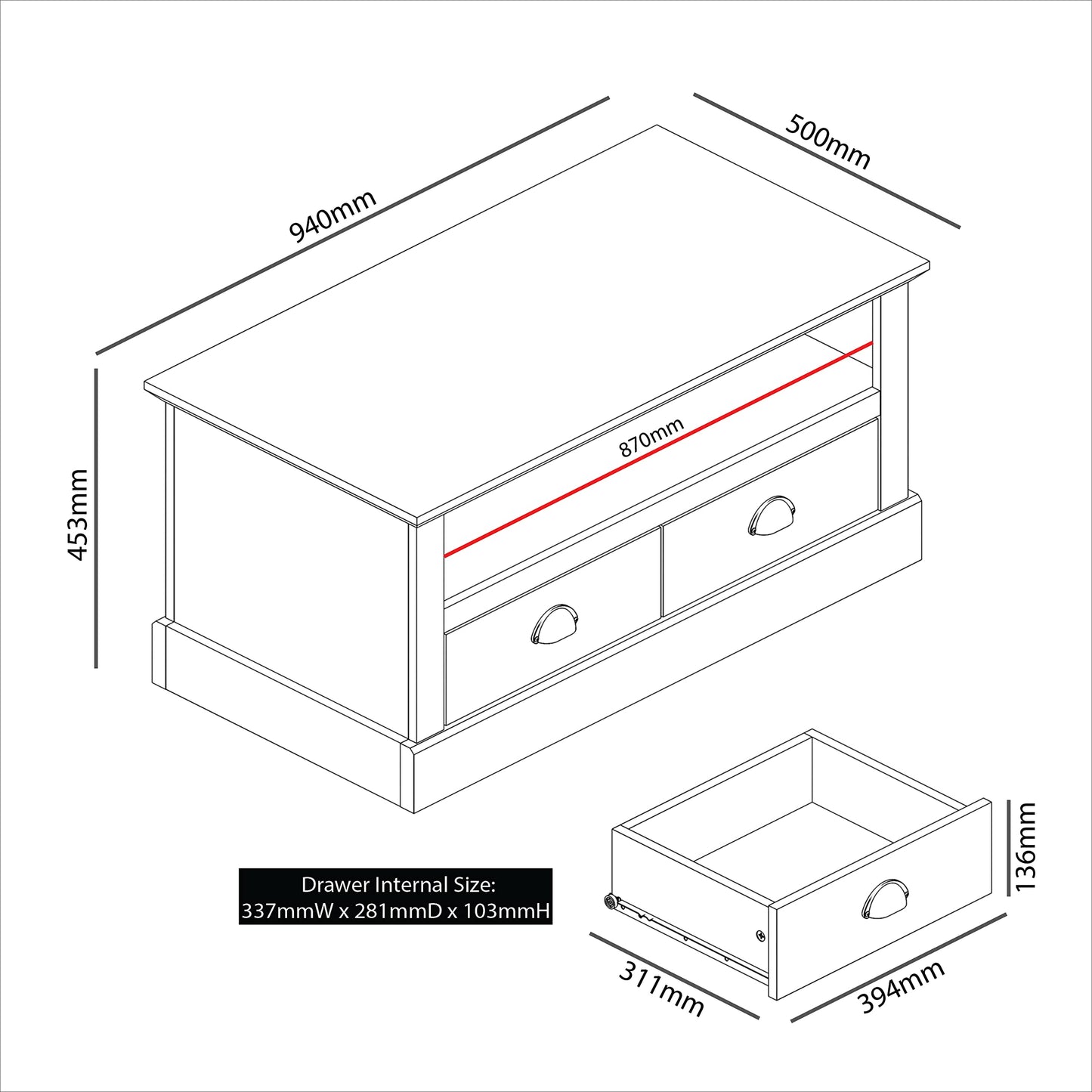 Galano Sufy Coffee Table - 2 Drawer Storage Unit - Engineered Wood Storage Cabinet, Rectangular Living Room Table with Storage - 50 x 94 x 45.3 cm – Light Grey