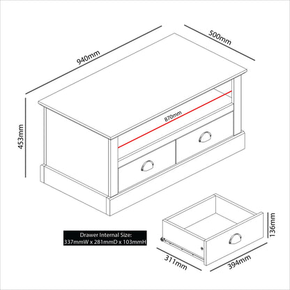 Galano Sufy Coffee Table - 2 Drawer Storage Unit - Engineered Wood Storage Cabinet, Rectangular Living Room Table with Storage - 50 x 94 x 45.3 cm - White