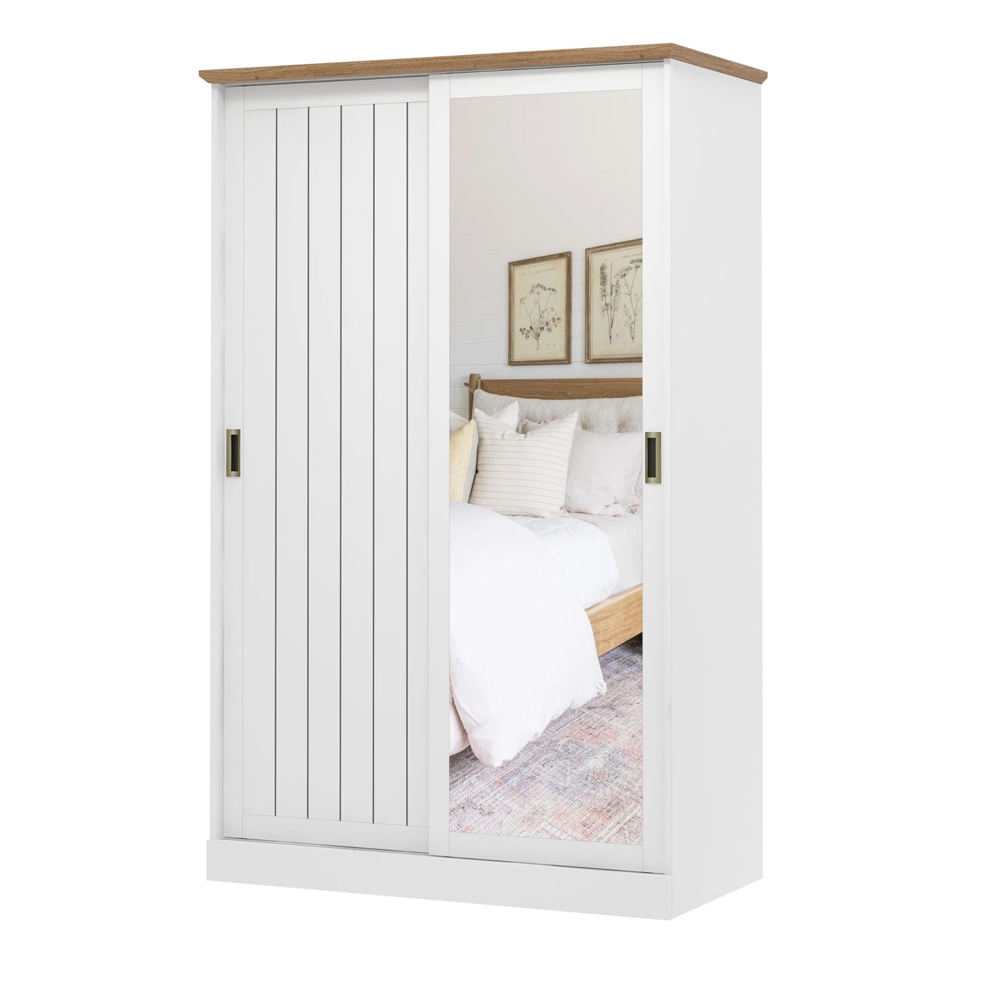 Galano Durban 2 Door Sliding Wardrobe with Mirror - Space Saving Stylish and Sturdy 2 Door Minimalist Wardrobe - Bedroom Furniture Unit with Hanging Rail Storage (White/Oak)