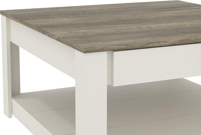 Galano Philia Square Modern Top Coffee Table with Storage Drawer, 2 Tier Center Table for Living Room, Office, Balcony, 31.5" D x 31.5" W x 16.3" H, Ivory Knotty Oak