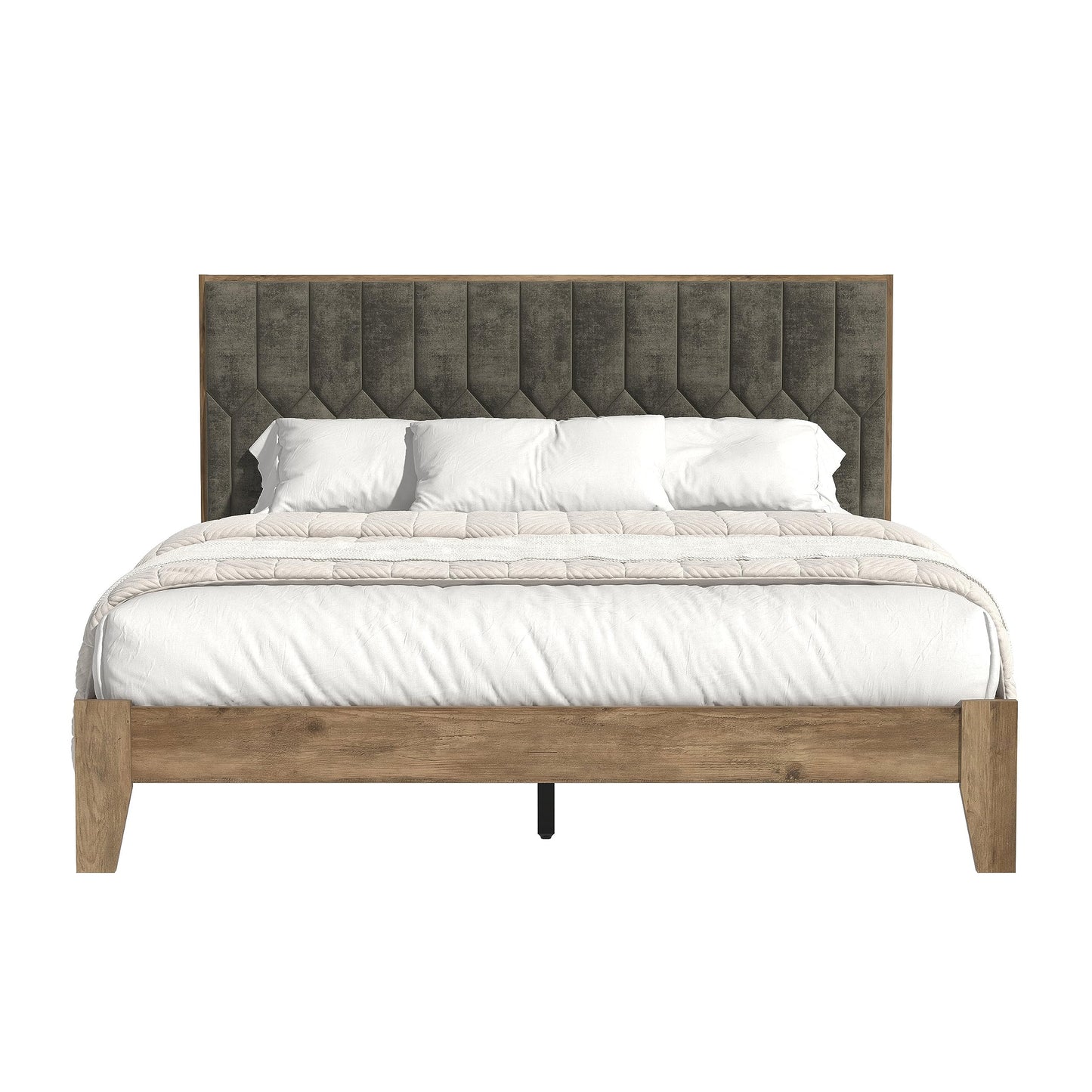 Galano Vancus Wood Platform Queen Bed Frame with Headboard, Fit 60'' x 80'' Mattress Foundation with Wood Slat Support, No Box Spring Needed, 64.2" L x 85.2" W x 40.2" H, Knotty Oak