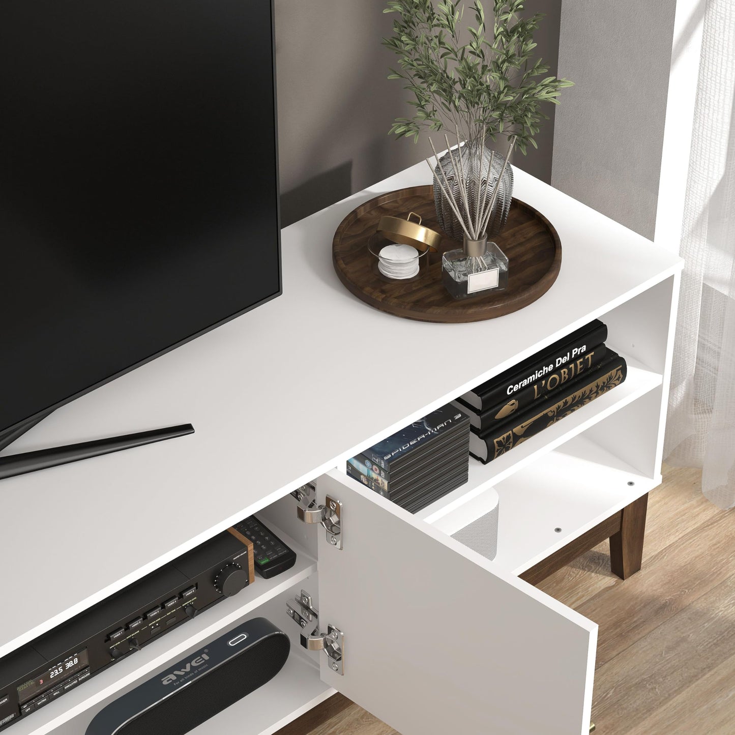 Galano Trafford TV-Möbel mit 2 Türen, Entertainment-Center für Fernseher bis zu 60 Zoll, TV-Ständerschrank für Wohnzimmer, viel Stauraum (weiß)