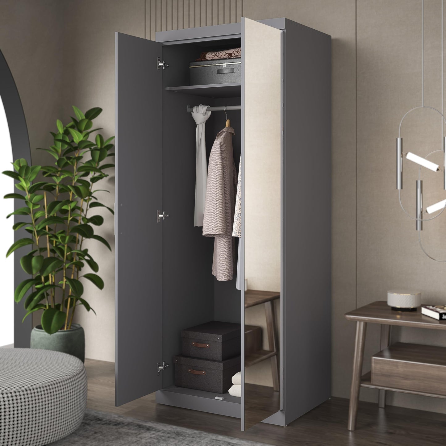 Galano Kimberley 2 Door Wardrobe with Mirror - Stylish & Sturdy Wardrobe - Bedrrom Furniture with Hanging Rail Storage (Cool Grey)