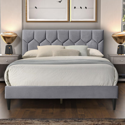 Galano Grimsby Upholstered Double Bed - Stylish Fabric Bedframe with Headboard - Sturdy Bedframe for Adult with Wooden Slat Support - Easy Assembly (Grey)