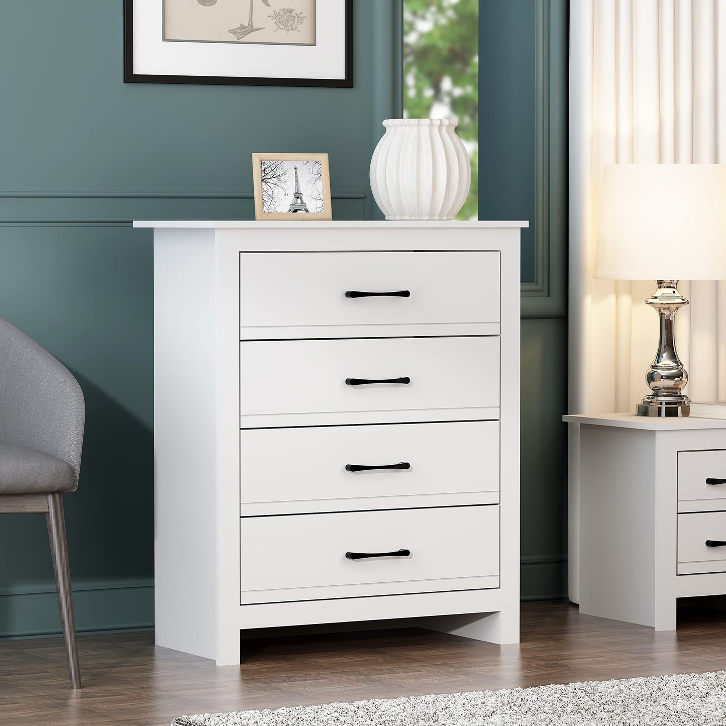 Galano Limestone Dresser - 4 Drawer Chest - Tall Drawer Chest with Storage for Bedroom - Chest of Drawers for Clothes - White, W79 x D39.5 x H95.0cm, (FG-WH-PU-4-1000-UK)